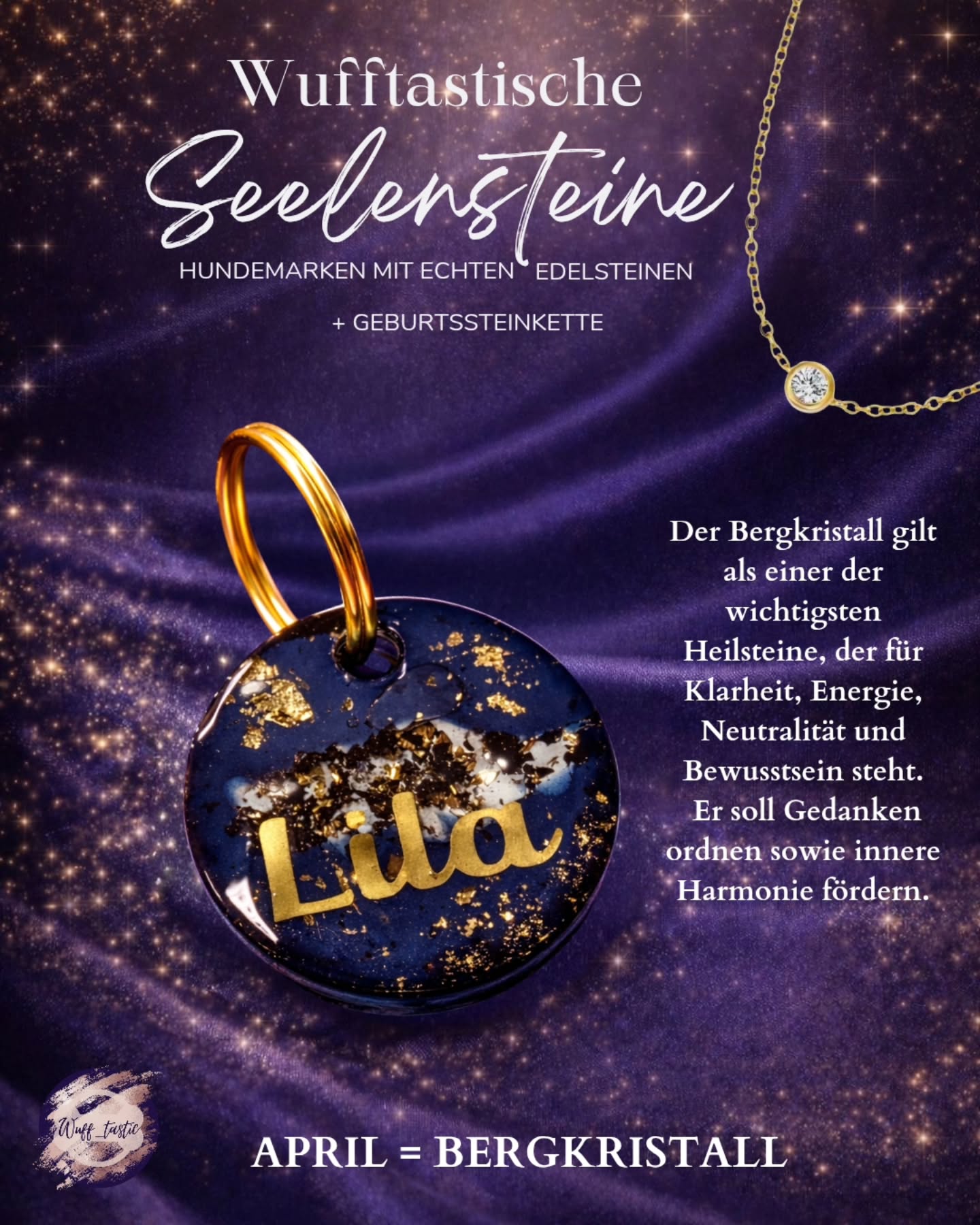 𝗦𝗲𝗲𝗹𝗲𝗻𝘀𝘁𝗲𝗶𝗻𝗲 – 𝐀𝐩𝐫𝐢𝐥, 𝐁𝐞𝐫𝐠𝐤𝐫𝐢𝐬𝐭𝐚𝐥𝐥
Unsere Seelenstein-Reihe geht weiter.
Jeden Monat erscheint eine neue Hundemarke mit echtem Edelstein, inspiriert vom jeweiligen Geburtsstein des Monats.
𝐁𝐞𝐫𝐠𝐤𝐫𝐢𝐬𝐭𝐚𝐥𝐥 – Bedeutung
Der Bergkristall gilt als einer der wichtigsten Heilsteine, der für Klarheit, Energiefluss und Reinigung steht.
𝐄𝐱𝐭𝐫𝐚: Zu jeder Hundemarke gehört eine passende Halskette, die du mit einem frei wählbaren Geburtsstein gestalten kannst,
so entsteht ein harmonisches Set für dich und deinen Hund.
#edelsteine #bergkristall #diamond #geburtsstein