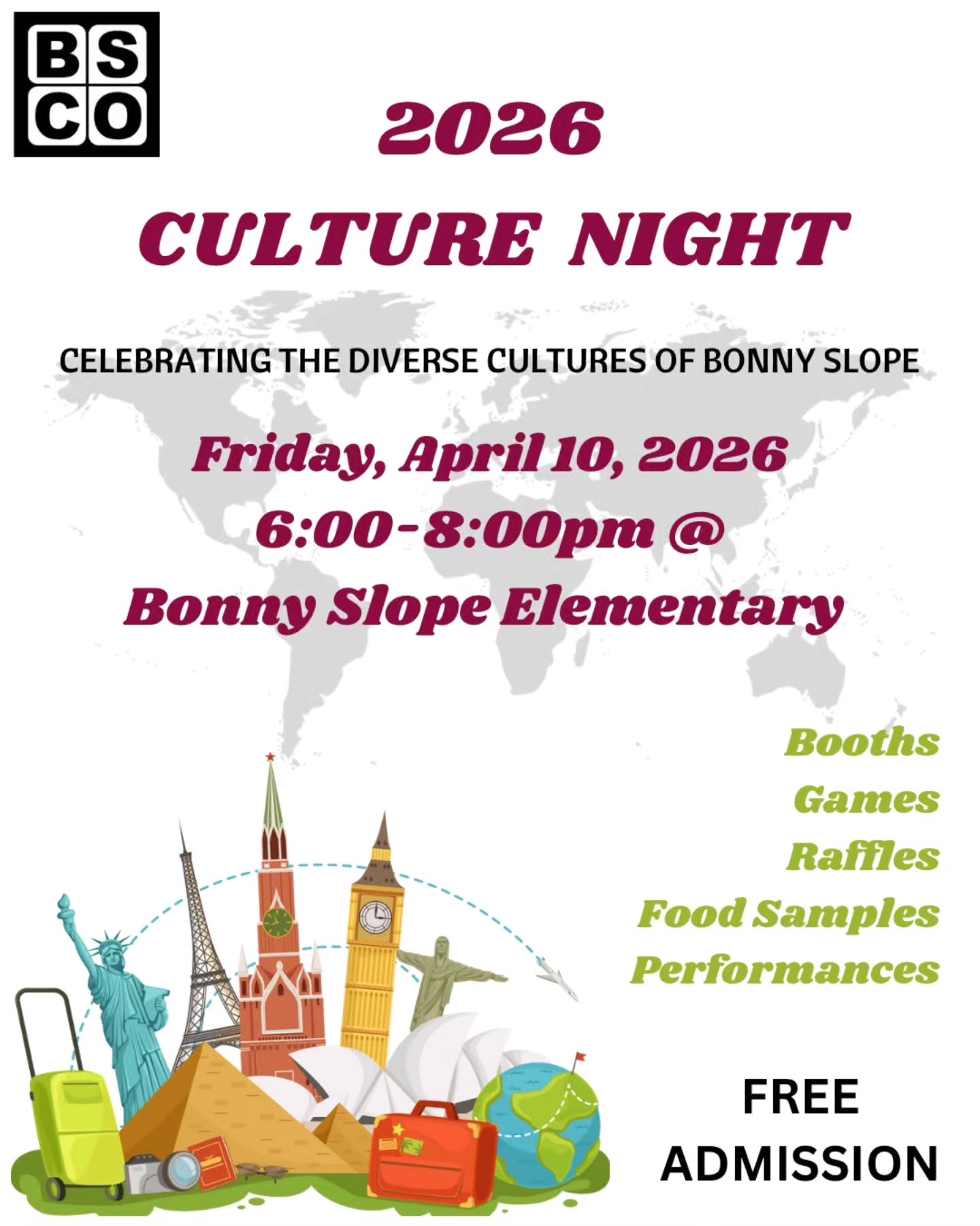 BSE's Culture Night is this Friday! Join us to celebrate the diverse cultures of Bonny Slope Elementary-visit cultural booths, play games, enter raffles, taste food samples and enjoy performances! Can't wait to see you all there!
@bonnyslopebobcats