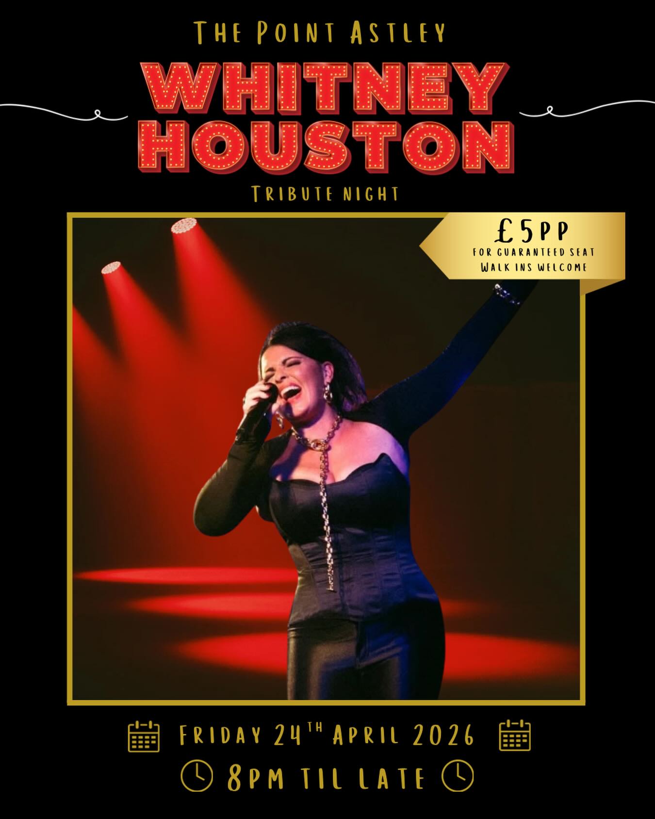 🎶 I wanna dance with somebody… 🎶
And on Friday 24th April, you can! Join us at The Point Astley for an incredible Whitney Houston Tribute Night kicking off at 8pm ‘til late. Expect big vocals, iconic hits, and a dancefloor full of feel-good energy all night long💃🪩
✨ £5pp for a guaranteed seat
🚶 Walk-ins welcome but no guaranteed seat!
🍸 Drinks flowing, music pumping, vibes high
📞 Call to book on 01942 583350📞
Don’t miss it — this one’s going to be special 💫
#whitneyhoustontribute #livemusicnight #bareventsuk #nightout #fridayvibes
