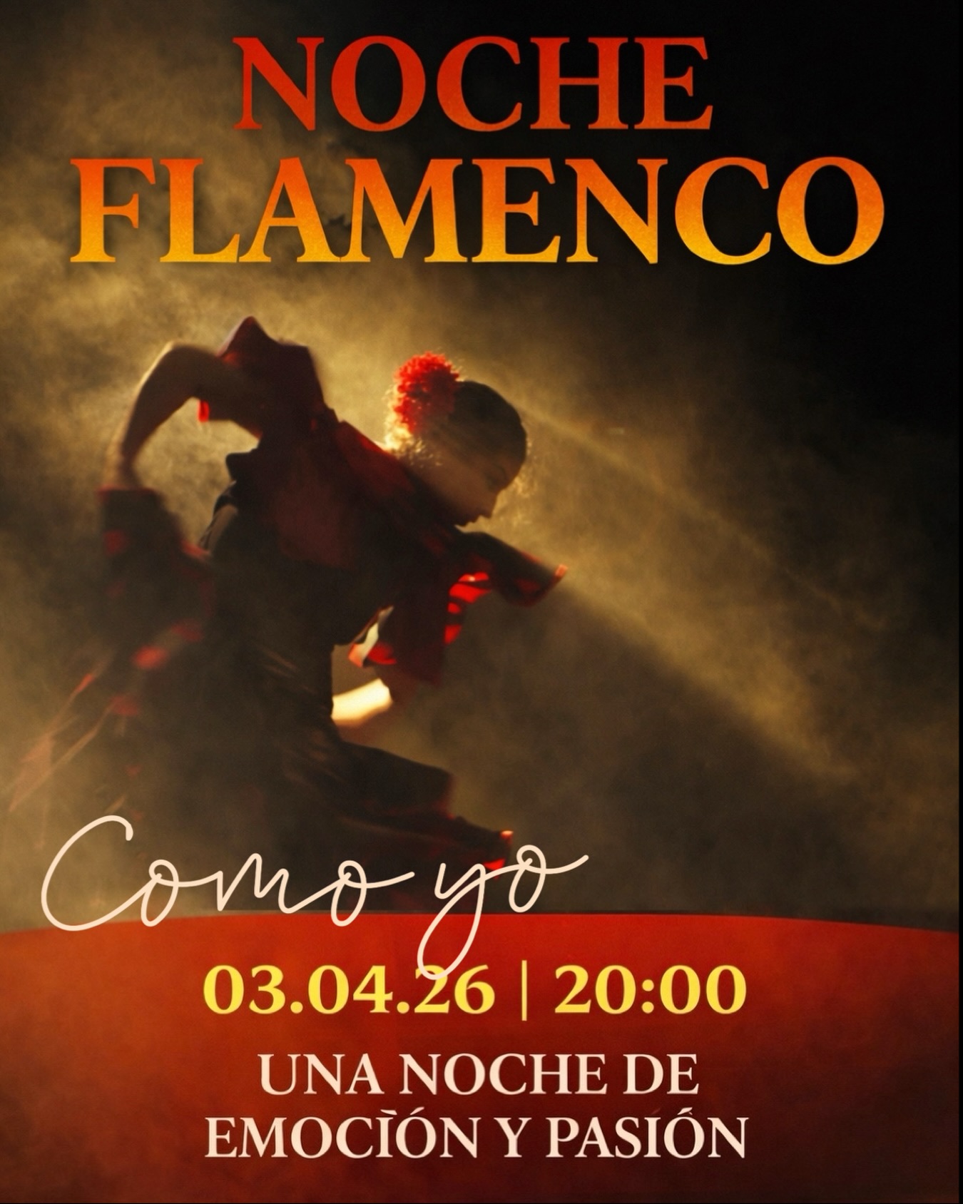 💃 Noche de Flamenco en Como Yo 💃
📅 03.04 | 🕗 20:00
Te invitamos a un espectáculo lleno de pasión, ritmo y auténtico espíritu español 💃🏻
El flamenco es emoción, música en vivo y la magia del movimiento que te cautiva desde el primer instante ✨
Disfruta de una experiencia vibrante junto a la cocina mediterránea y buena compañía 🔥
📍 Reserva tu mesa ahora
¡Nos vemos en Como Yo!
Plaza Tetuan 18
📲+34624098889
—
Join us for a show full of passion, rhythm, and true Spanish spirit 💃🏻
Flamenco is pure emotion, live music, and the magic of movement that captivates you from the very first moment ✨
Enjoy a vibrant experience with Mediterranean cuisine and great company 🔥
📍 Book your table now
See you at Como Yo!
Plaza Tetuan 18
📲+34624098889