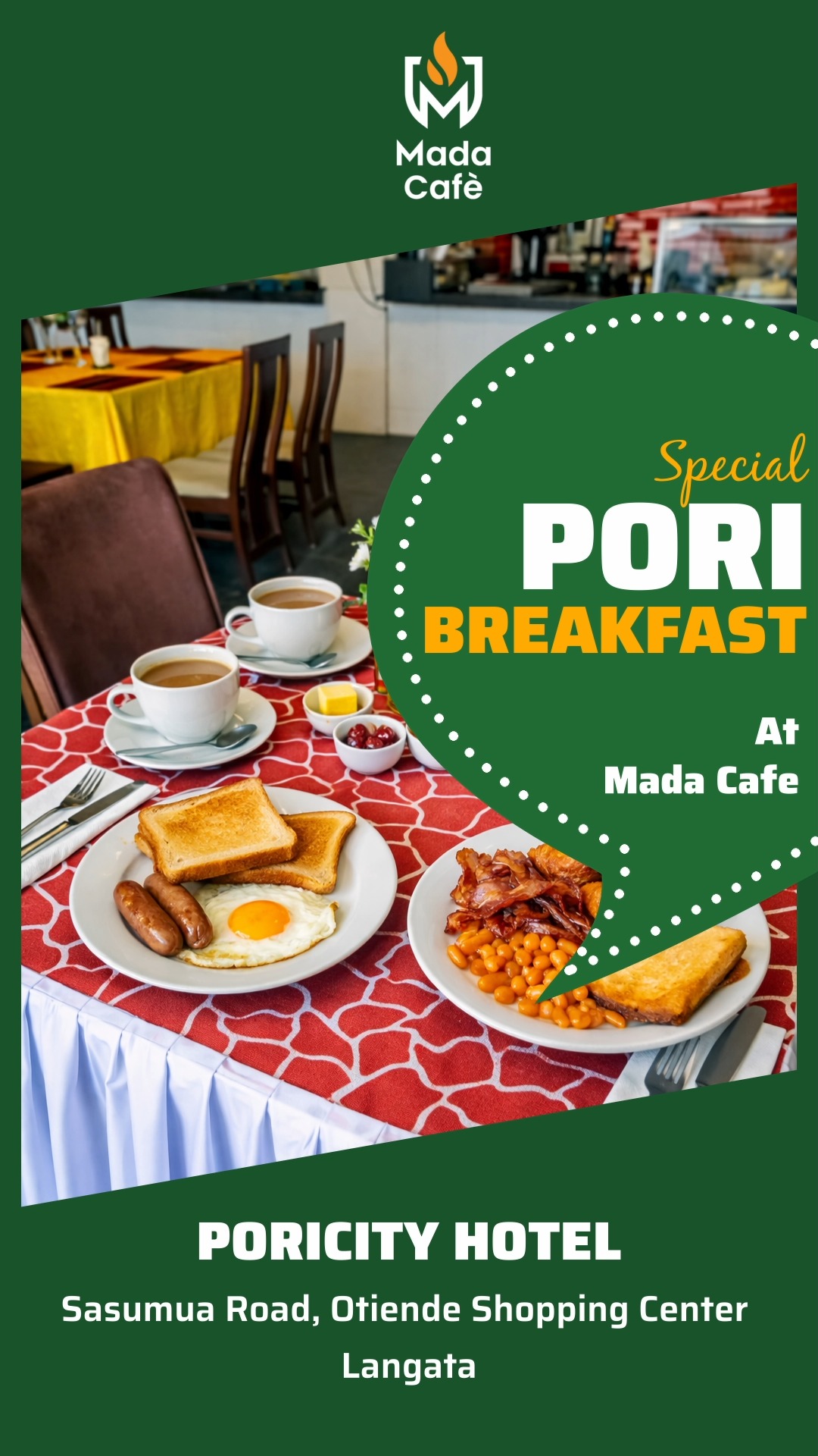 Start your day the Poricity way. Authentic Kenyan breakfast accompanied by coffee or tea, served with comfort and flavour. #PoricityHotel #MadaCafe #KenyanBreakfast #NairobiEats #BreakfastGoals #FoodieKenya #TasteOfElegance #MorningVibes #HotelDining