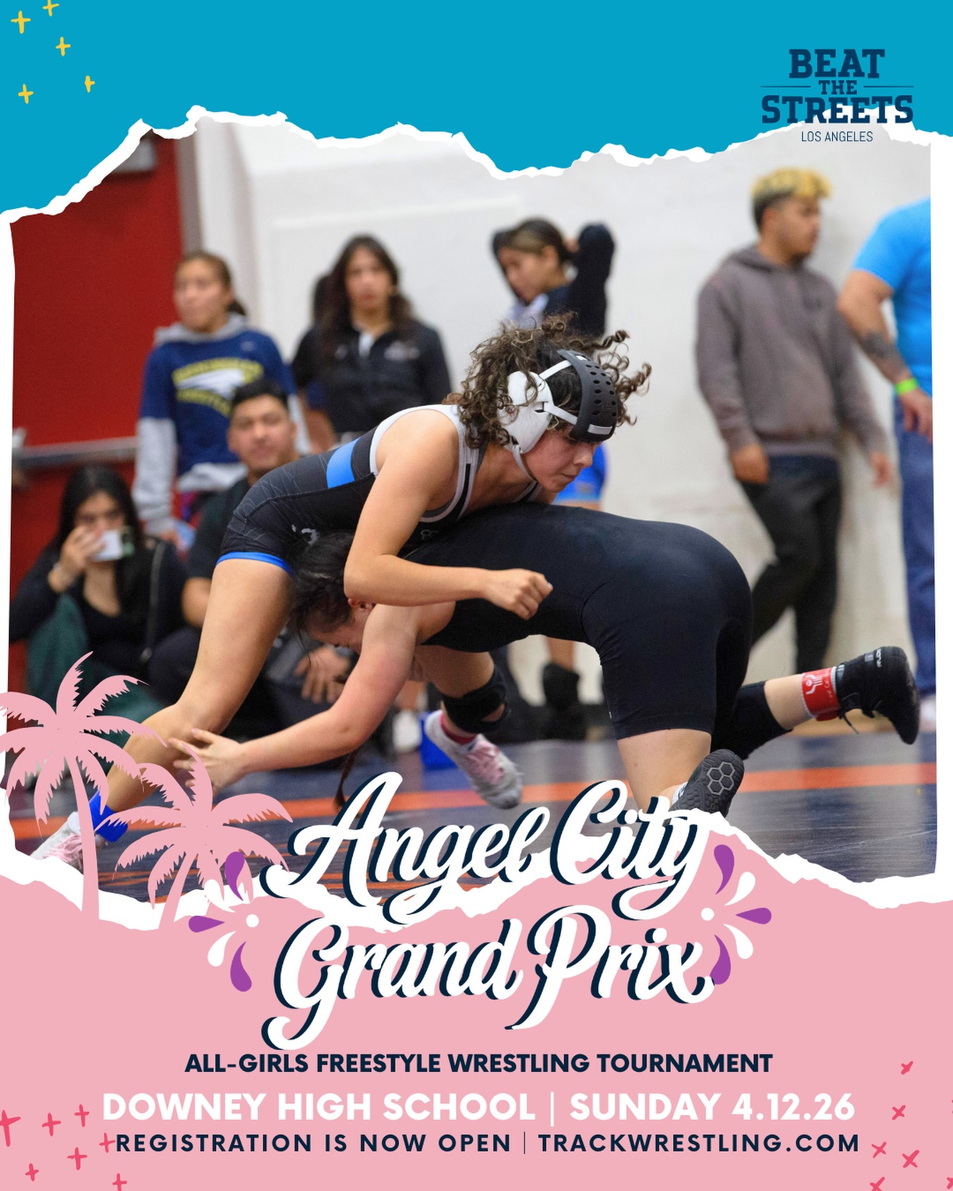 The Angel City Grand Prix is this Sunday!
Join us for a full day of girls’ freestyle wrestling at Downey High School. Sign up and compete. The top placers in each weight class take home an exclusive BTSLA champion hoodie.
📅 Date: Sunday, April 12, 2026
📍 Location: Downey High School
⏳ Registration Deadline: Saturday 4/11 @ 10:00 PM on Trackwrestling
❌ No Walk-Ups
Sign up for a great day of competition using the link in our bio!