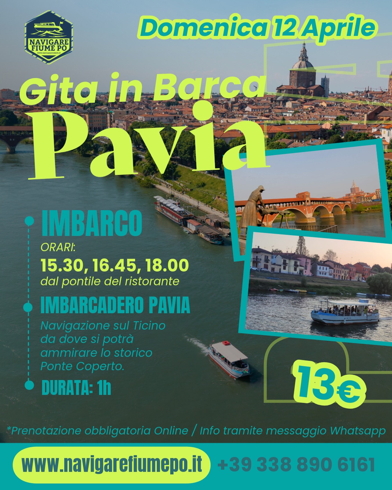 ✨𝐆𝐢𝐭𝐚 𝐢𝐧 𝐁𝐚𝐫𝐜𝐚 𝐬𝐮𝐥 𝐓𝐢𝐜𝐢𝐧𝐨 𝐀 𝐏𝐚𝐯𝐢𝐚 ⛴️🌁
L’occasione perfetta per ammirare la meravigliosa Pavia e i suoi monumenti navigando lungo il fiume 🏞️
Dal maestoso Ponte Coperto al suggestivo Borgo Ticino, con cenni storici a bordo sulle vicende che hanno caratterizzato questi e molti altri luoghi di questa straordinaria città 📜✨
👉 Cosa aspetti? Prenota ora il tuo posto a bordo!
📅 Domenica 12 Aprile
📍 Imbarco dal pontile del ristorante Imbarcadero – Pavia
🎟️ Acquista adesso il tuo biglietto
𝘄𝘄𝘄.𝗻𝗮𝘃𝗶𝗴𝗮𝗿𝗲𝗳𝗶𝘂𝗺𝗲