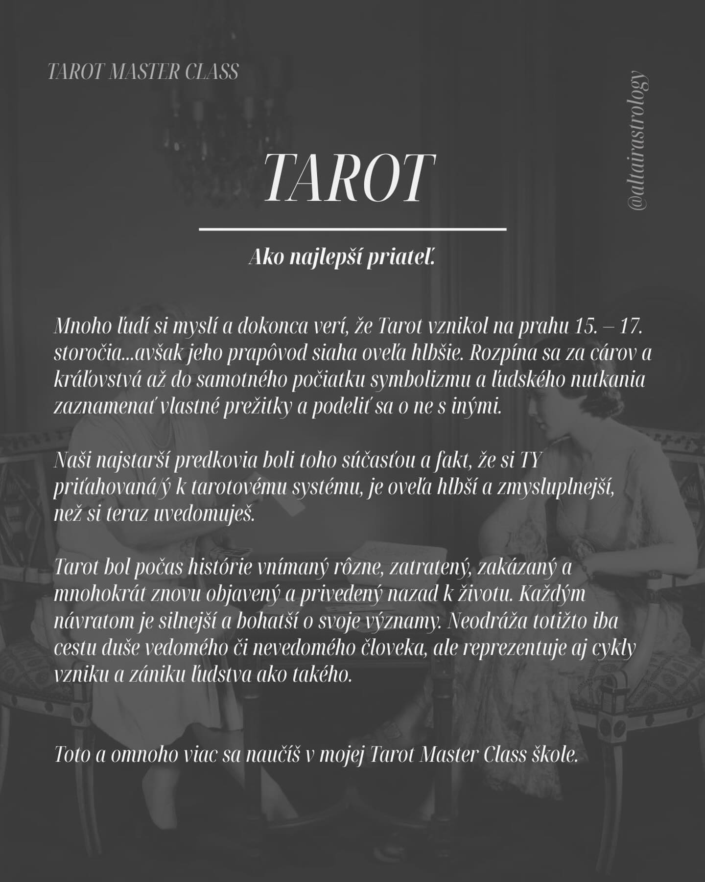 TAROT MASTER CLASS
2026 •
Ochutnávka 18.4.2026 @soulacademia.sk •
#TAROTSKOLA #VYKLADkariet #tarotcz #karty #altairastrology . com ;)
🔮 Bol/a si už u Vedmy? •
Aké to bolo?