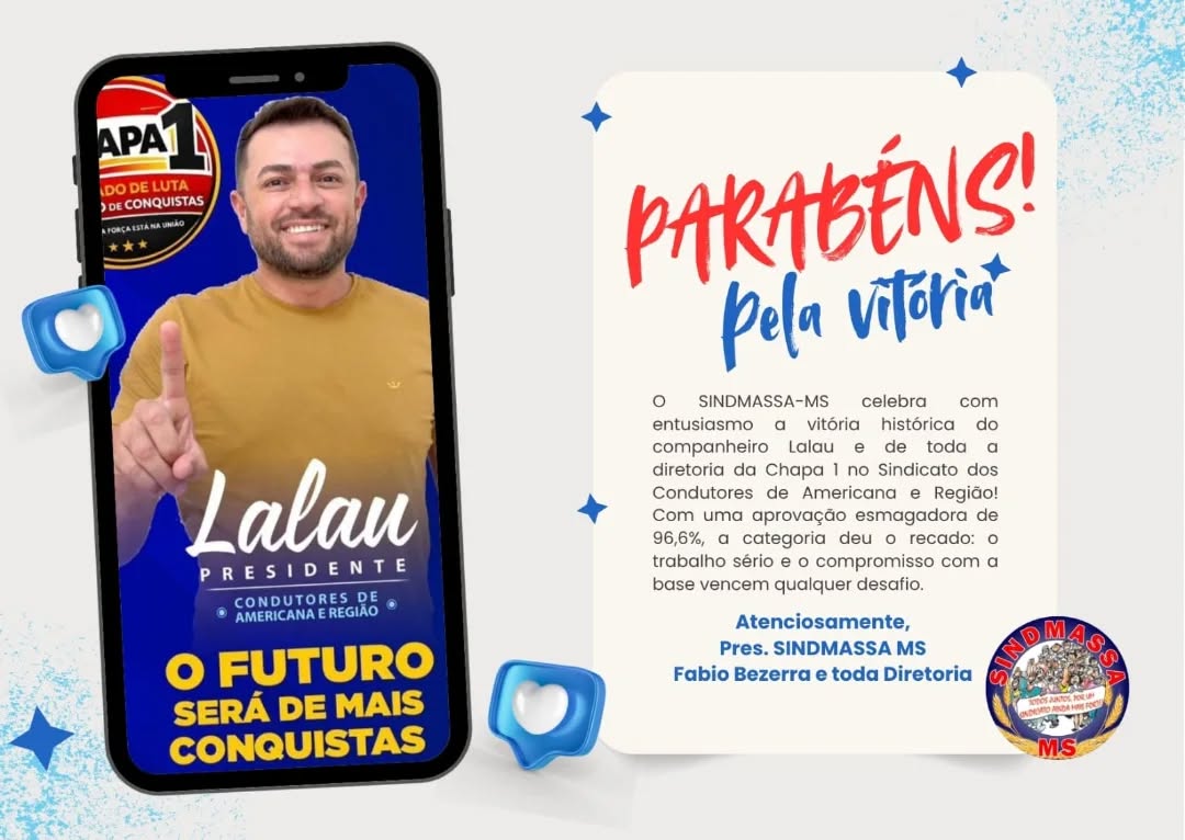 Giro de Notícias!
UNIÃO QUE FORTALECE A LUTA TRABALHISTA! 🤝✊
O SINDMASSA-MS celebra com entusiasmo a vitória histórica do companheiro Lalau e de toda a diretoria da Chapa 1 no Sindicato dos Condutores de Americana e Região!
Com uma aprovação esmagadora de 96,6%, a categoria deu o recado: o trabalho sério e o compromisso com a base vencem qualquer desafio.
Para nós, representantes das indústrias de alimentação, é um orgulho ver lideranças como o Lalau que vêm do chão da base e sentem na pele o dia a dia do trabalhador assumirem protagonismo.
Essa vitória não é apenas um mandato, é o reconhecimento de uma trajetória de coragem.
Acreditamos que esse é apenas o começo de uma caminhada que pode, e deve, ir além, ocupando espaços no parlamento para dar voz aos mais frágeis na relação entre capital e trabalho.
Parabéns, Lalau!
Conte sempre com o apoio e o ombro a ombro do SINDMASSA-MS e do nosso representante Fábio Bezerra.
Juntos, somos mais fortes!
A luta continua.
O futuro já começou! 🚀
#SindmassaMS #LutaSindical #VitóriaChapa1 #TrabalhadorFortalecido #LalauPresidente UniãoEForça JustiçaSocial CondutoresAmericana