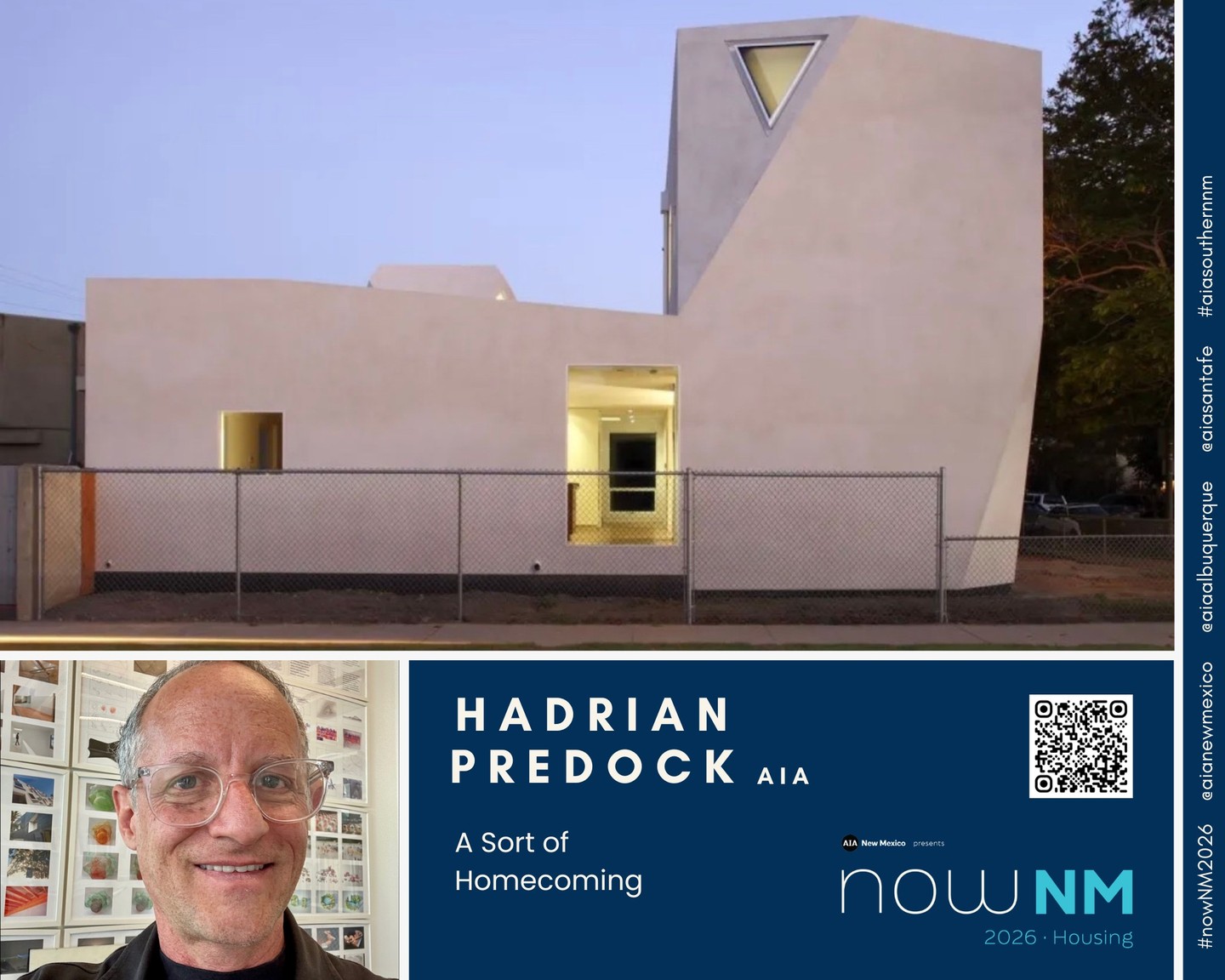 nowNM 2026 Housing presents: A Sort of Homecoming with Hadrian Predock, AIA - the 2026 elevAte Design Awards Jury Chair. Get your conference tickets at aianewmexico.org/events!
This lecture presents a retrospective view of the work of Hadrian Predock Art and Architecture and will explore what an expansive/multi-hyphenate practice means within our current cultural context. Predock’s life in architecture is centered around the interplay between forms of art making, the practice of architecture, and teaching the discipline of architecture.
Through a non-linear presentation, 25 years of work will be framed within short stories or narratives that draw out consistent threads of thought and design exploration – some material, some conceptual, some curatorial, and some based around questions of visual representation. Architecture will be presented as an ongoing, never complete experiment, constantly returning to itself – a sort of homecoming.
1.5 AIA LU/HSW
📆 Thursday, April 23rd @ 5:30pm
📍 National Hispanic Cultural Center
Thank you to our elevAte Platinum Sponsor - Raxis Engineering!
More sponsorship opportunities available on event website.
#nowNM2026 #architecture #design #housing @hadrianpredock @raxisengineering @aiaalbuquerque @aiasantafe #aiasouthernnm