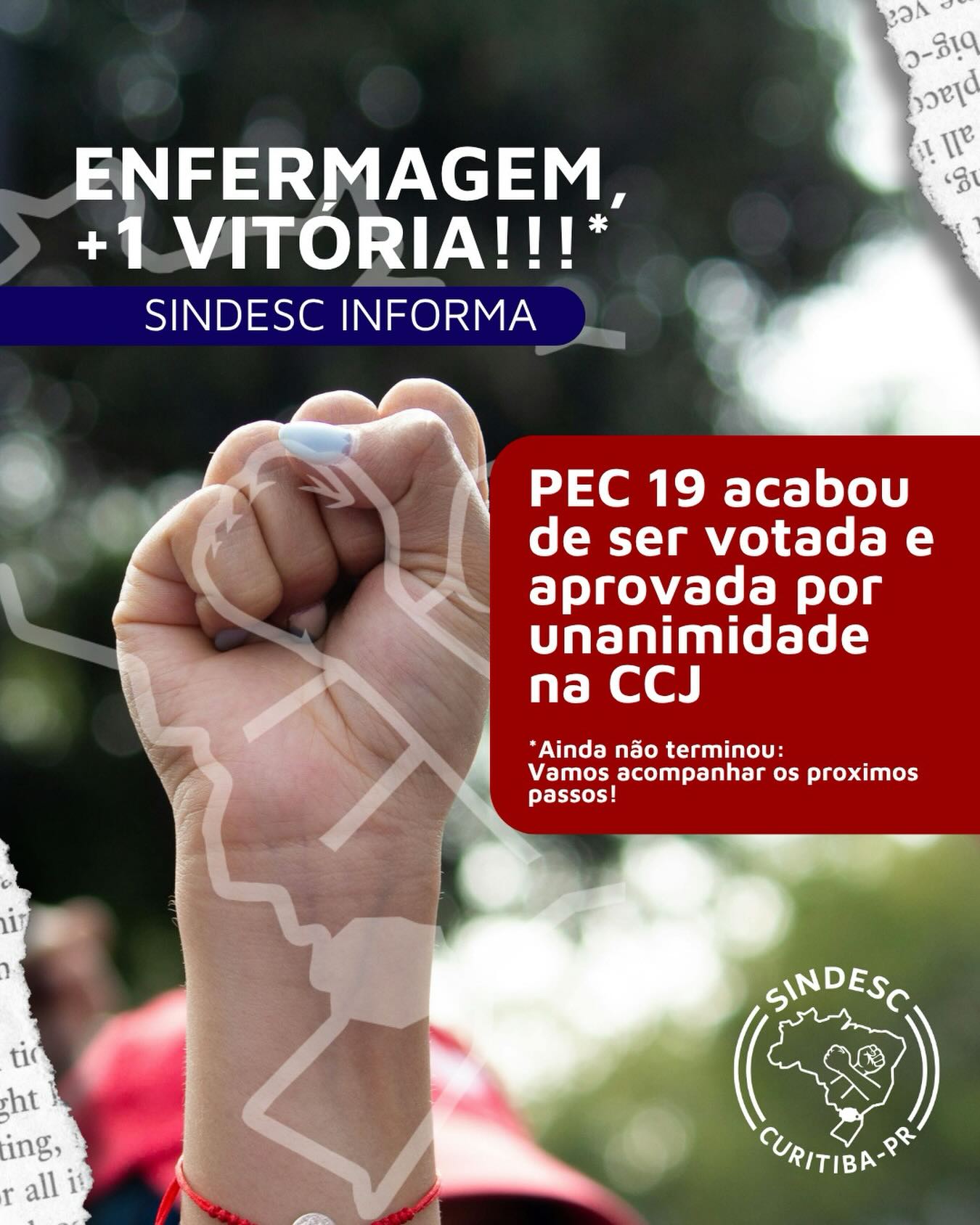 O Fórum Nacional de Enfermagem vem com uma grande notícia: a PEC 19 acaba de ser votada e aprovada por unanimidade na CCJ!
Esse é um passo muito importante para a nossa categoria, fruto de muita luta, mobilização e união. 🙌
Mas atenção: a caminhada ainda não terminou. Os próximos passos da PEC 19 incluem votação no Senado e, depois, votação em dois turnos no Congresso.
Nós do SINDESC SAÚDE seguimos firmes, atentos e mobilizados, porque a luta continua!
#Enfermagem #PEC19 #ValorizaçãoDaEnfermagem #LutaDaEnfermagem #EnfermagemUnida