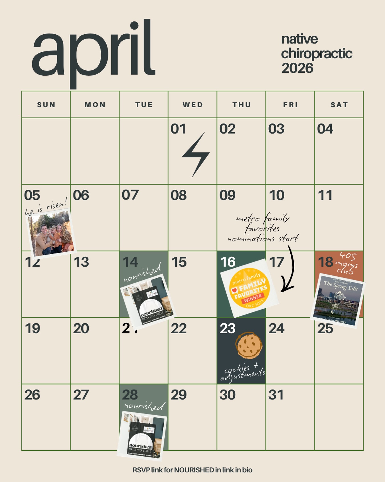 APRIL at ⚡️NATIVE⚡️
This month is full of moments that matter—supporting mamas, showing up in our city, and celebrating YOU.
✨ April 14 + 28 → Nourished Breastfeeding + Postpartum Group @ 10AM
✨ April 16 → @metrofamilyokc “Family Favorites” nominations open (you helped us win last year 🥹)
✨ April 18 → @405momsclub Mama Mixer & Market: The Spring Edit @ The Lume (9–12)
✨ April 23 → Cookies + Adjustments… just because we LOVE our people 😍🍪
From postpartum healing to everyday chaos… this space was built for your family.
OKC moms, dads, kids, babes— we can’t wait to see you this month 💛