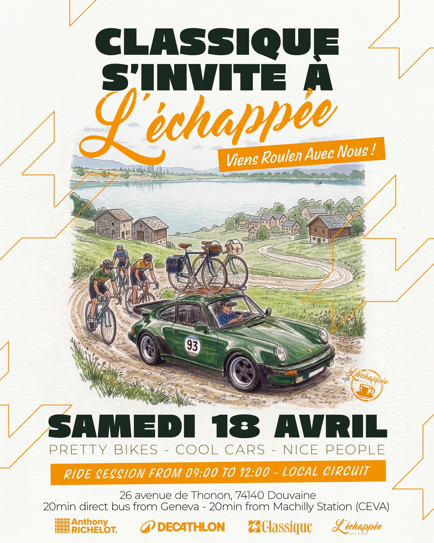 🏁CHILL & RIDE🚴
Pretty bikes, nice cars & cool people !
Rendez-vous samedi 18 avril à @lechappee_cafevelo pour une journée conviviale dans le partage et bonne humeur 😁
🚴♂️🚴♀️🚴Viens rider avec nous !
Inscriptions sur www.cycloporschist.fr
Une belle boucle avec deux cadences disponibles.
🍝 Retrouver sur place des pâtes fraîches réalisées par @la_remorque_by_food_de_rue
En collaboration avec :
@lechappee_cafevelo
@nthnyrchlt
@classiqueautowerks
@decathlon
#velo #bike74 #bikegeneva #cycloporschist