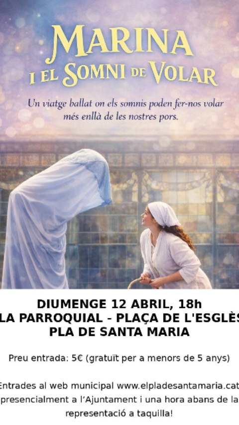 🎭✨ Ja pots aconseguir les entrades!
📅 Diumenge 12 d’abril
🕕 18.00 h
📍 Sala Parroquial, PLA DE STA. MARIA
(Provincia de Tarragona)
Arriba “Marina i el somni de volar”, l’última proposta del cicle de Teatre Infantil 2025-26 💫👧
Un espectacle de dansa i teatre per gaudir en família, on la Marina haurà de superar les seves pors per fer realitat el seu somni: volar i convertir-se en inventora ✈️💡
Un viatge ple d’emoció, dansa i poesia que ens recorda que els somnis… sí que poden fer-nos volar 💭✨
🎟 Entrades: 5 € (gratuït <5 anys)
👉 Compra-les a www.elpladesantamaria.cat
o a l’Ajuntament
ℹ️ També a taquilla 1 h abans
#espectaclefamiliar #queferambnens #contesballats #espectaclededansafamiliar
#espectaclesttp