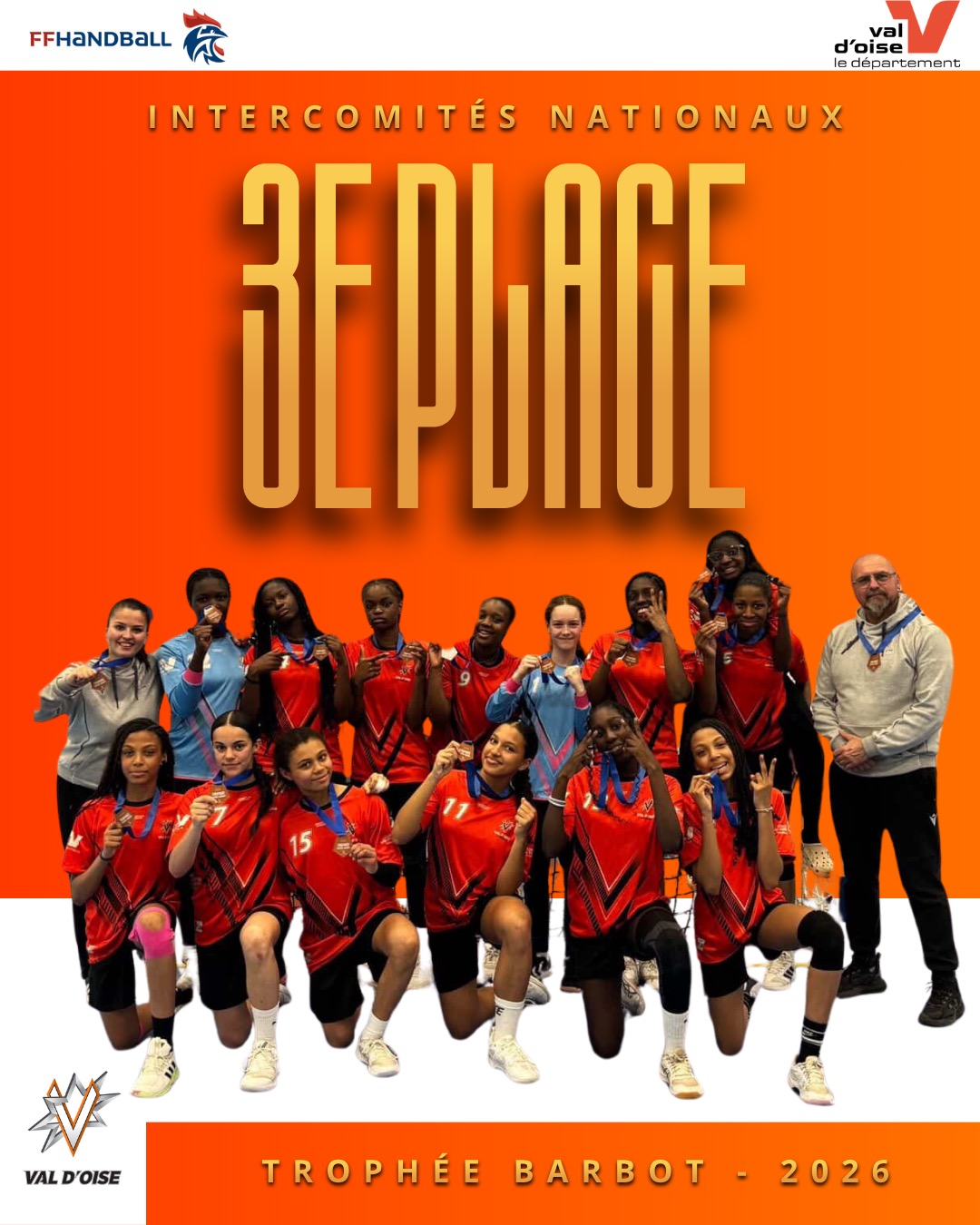 🏆🔥 Trophée Barbot 🔥🏆
🥉 Félicitations à notre équipe féminine pour cette superbe 3e place à Chavagnes-en-Paillers !
Une belle performance qui récompense leur engagement, leur combativité et leur esprit d’équipe tout au long du tournoi 💪
Au-delà du résultat, c’est aussi une expérience riche qu’elles ont vécue, pleine d’apprentissage, de partage et d’émotions 👏
Bravo les filles, le Val d’Oise est fier de vous ! 🧡🖤
#handball #feminines #podium #valdoise #intercomités #trophéebarbot