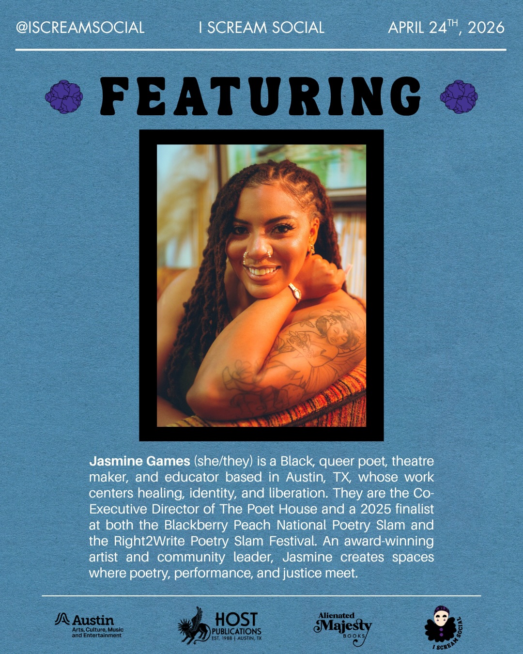 So happy to share that I’ll be featured at Host Publications’ (@hostpublications) I Scream Social at Alienated Majesty Books (@alienatedmajestybooks) on Friday, April 24th at 7PM.🍦✨ I am grateful to be in conversation with some brilliant poets. Come through for an evening of words and a little sweetness. 💗✨
#poetry #atx #atxlife #spokenword #poetrycommunity
