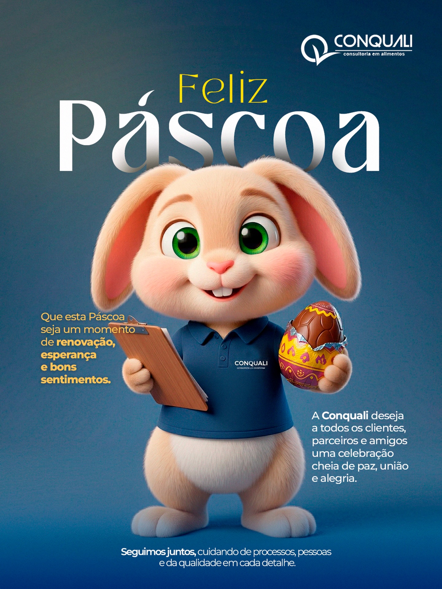 Nesta Páscoa, desejamos que a renovação, a esperança e os bons sentimentos façam parte de cada lar e de cada recomeço. ✨🐰🥚
Que seja um momento de paz, união e alegria ao lado de quem faz a vida ter mais sentido.
Seguimos juntos, cuidando de processos, pessoas e da qualidade em cada detalhe. 💙
Feliz Páscoa!
#FelizPáscoa #Conquali #ConsultoriaEmAlimentos #Qualidade #SegurançaAlimentar Páscoa2026
