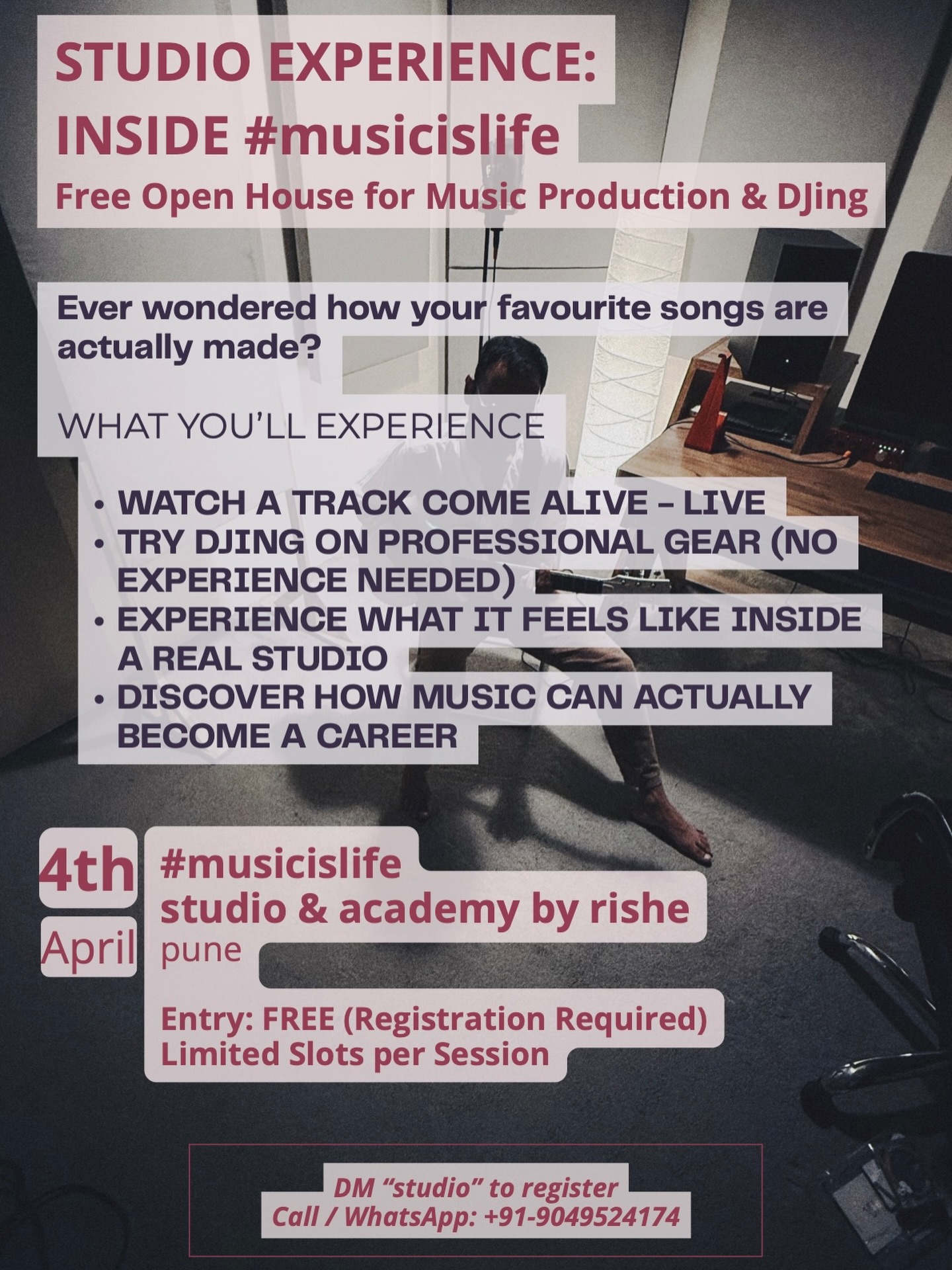 Free Studio Experience – #musicislife, Pune
We’re opening our studio for a live, interactive session where you can experience how music is actually created 🎧
👥 Who should attend?
• Teens exploring music seriously
• Parents looking for creative, skill-based learning
• Anyone interested in music production & DJing
📍 Pune | #musicislife by rishe
👥 Limited slots
DM “STUDIO” to reserve your spot.
#openhouse #musicschool #musicproducers