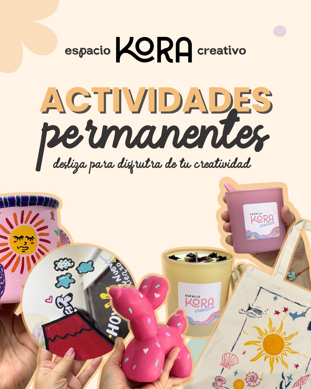 ¡Estas son nuestras actividades permanentes de @kora.espaciocreativo 🫰🏻!
¿Qué significa eso? 👀
Que puedes venir en nuestro horario de toda la semana a relajarte un rato, crear y conectar con tu creatividad 🎨 sin necesidad de que se organice un grupo o que tengas que acomodar tu agenda alrededor de una fecha grupal 👏🏻
Puedes venir sola, con tu mamá, pareja, amigas, hij@s ¡tú decides!
Solo llega y elige tu actividad del día 🙂↔️👏🏻 si prefieres avísanos antes para tener listo tu lugar porque tenemos cupo limitado para poder atender a todos como nos gusta ¡de 💯! Para que tener sobras cómoda 😍
Aparte todas nuestras actividades incluyen bebida y botana cortesía sin necesidad de que pagues consumo extra 💅
#espaciocreativo #quehacerenveracruz #planescreativos #citascreativas #conKora