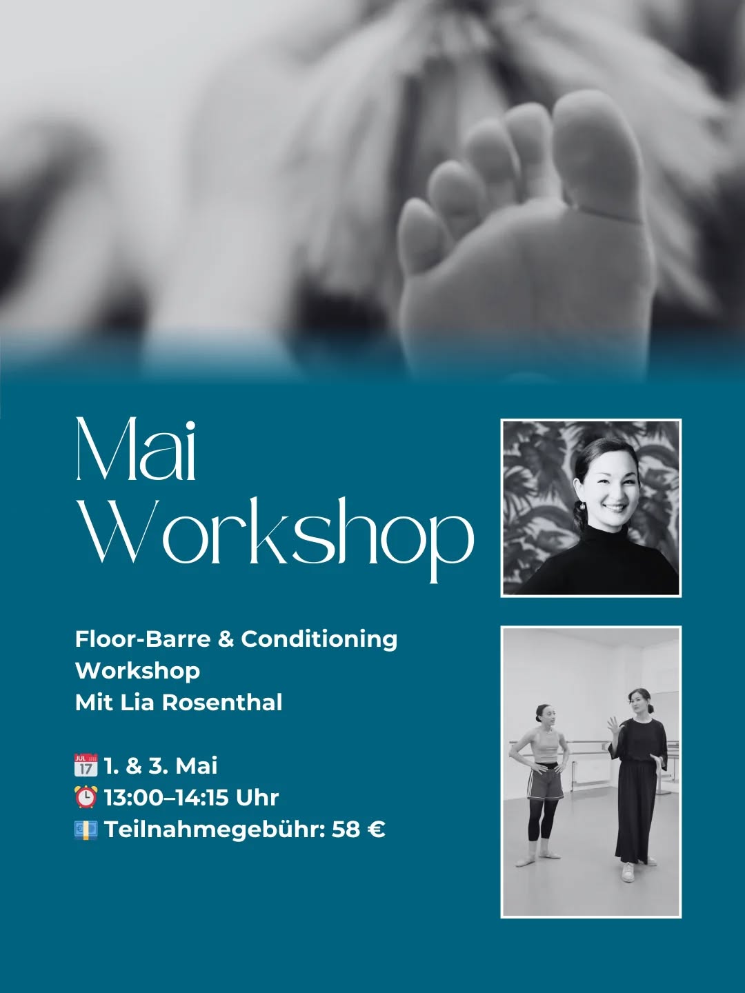 ✨ Mehr Kontrolle, mehr Gefühl, mehr Stärke ✨
Floor-Barre & Conditioning Workshop mit Lia
am 1. & 3. Mai von jeweils 13h bis 14:15h.
Du willst Deine Platzierung verbessern und wirklich nachspüren, wie Dein Körper im Ballett arbeitet? Dann ist dieser Workshop genau das Richtige für Dich.
Wir arbeiten gezielt an Muskulatur, wie auch Flexibilität, Körperspannung wir auch Mobilität und Ausrichtung. Mit einem effektiven, überwiegend bodenbasierten Training, das Dein Balletttraining nachhaltig unterstützt.
Egal ob Anfänger oder Fortgeschrittene:
Die Übungen sind bewusst langsam, schonend und präzise aufgebaut, damit Du Deinen Körper besser verstehst und gezielt stärken kannst.
🧘♀️ Ruhig, kontrolliert und super effektiv
💪 Für mehr Stabilität & saubere Technik
✨ Für jedes Level geeignet
Mitbringen musst Du nichts, nur Dich selbst!🥰 Optional: Wasser & ein Handtuch.
Ich freue mich sehr auf euch und den Workshop!🫶
👉 Mehr Infos & Anmeldung:
www.rosenthal-ballett.de/workshops-26