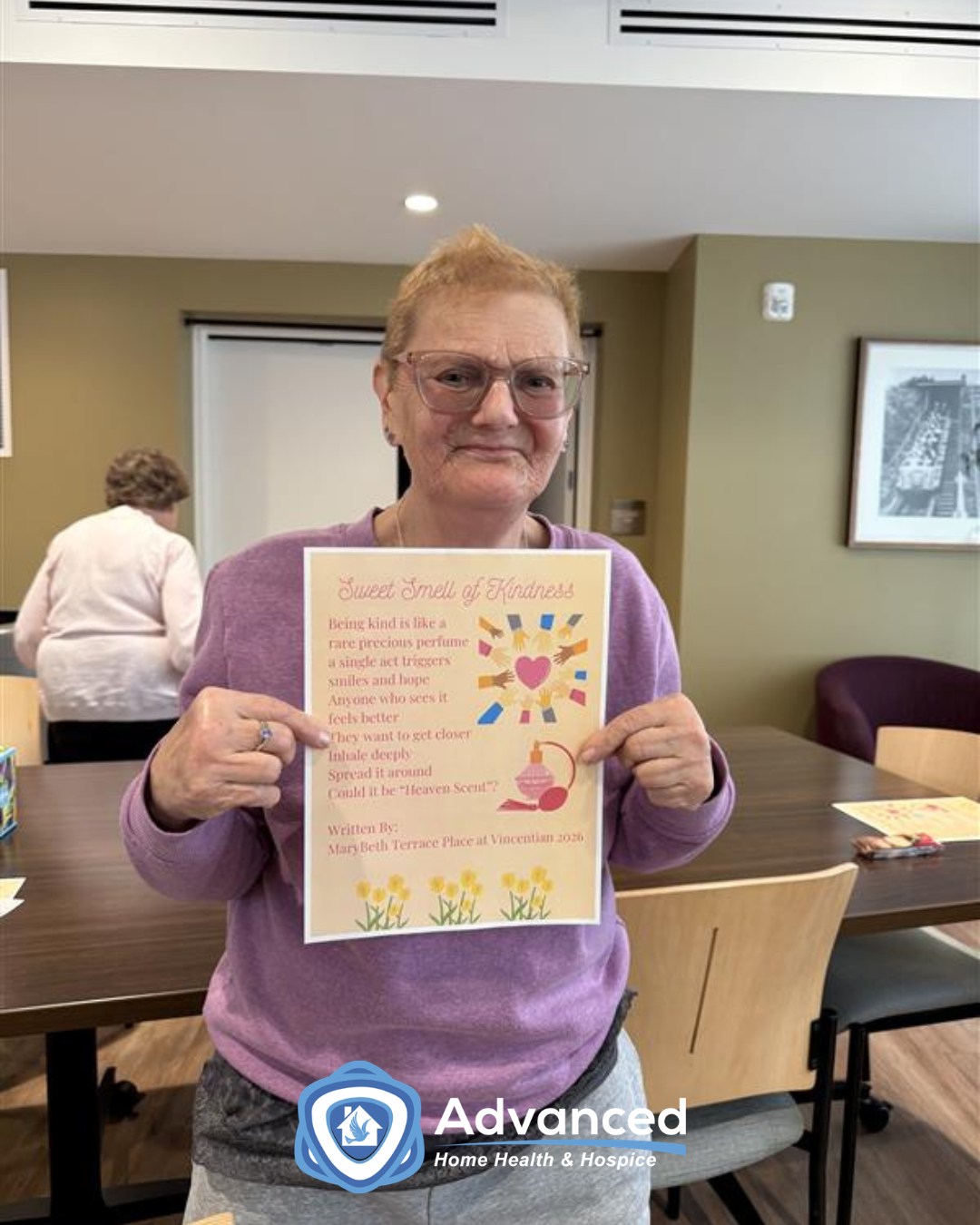 Resident Poetry Spotlight ✨
Today, our spotlight shines on Mary Beth, whose poetry has blossomed through our workshops at Vincentian Terrace Place. We love seeing her creativity come to life!
#AdvancingTogether #HomeHealth #Hospice #PoetrySpotlight