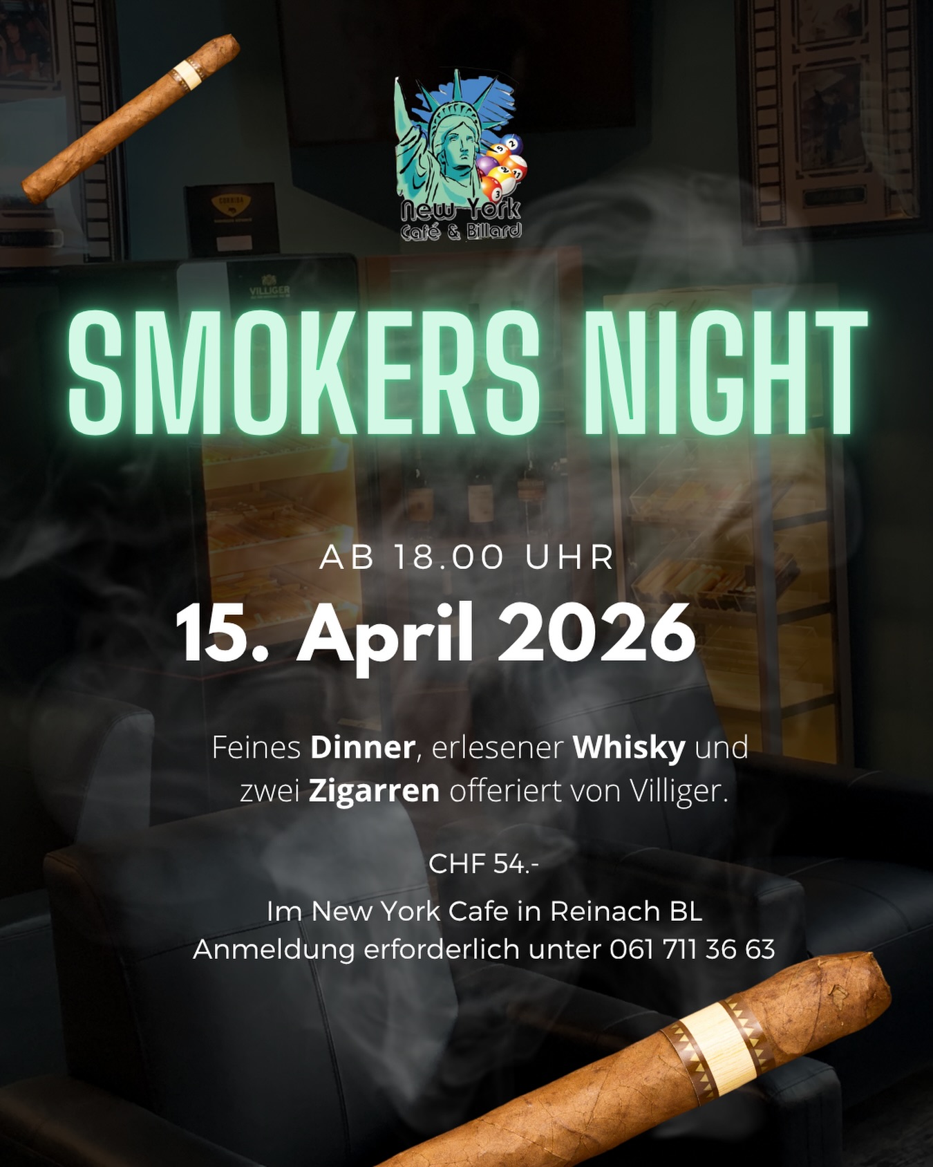 🔥 SMOKERS NIGHT – Genuss & Gemütlichkeit vereint! 🔥
Am 15. April ist es wieder soweit: Unsere Smokers Lounge wird zum Treffpunkt für alle, die gutes Essen, edlen Whisky und feine Zigarren schätzen. 😍🥃💨
📍 𝗪𝗮𝗻𝗻? 15. April, ab 18 Uhr
💰 𝗣𝗿𝗲𝗶𝘀? CHF 54 pro Person
📢 𝗥𝗲𝘀𝗲𝗿𝘃𝗶𝗲𝗿𝗲𝗻 𝗻𝗶𝗰𝗵𝘁 𝘃𝗲𝗿𝗴𝗲𝘀𝘀𝗲𝗻 – 𝗱𝗶𝗲 𝗣𝗹ä𝘁𝘇𝗲 𝘀𝗶𝗻𝗱 𝗯𝗲𝗴𝗿𝗲𝗻𝘇𝘁!
Sichert euch euren Platz und geniesst mit uns einen stilvollen Abend in bester Gesellschaft! Wir freuen uns auf euch. 🤩🙌
➡ Schreibt uns eine Nachricht oder kontaktiert uns telefonisch unter 061 711 36 63!