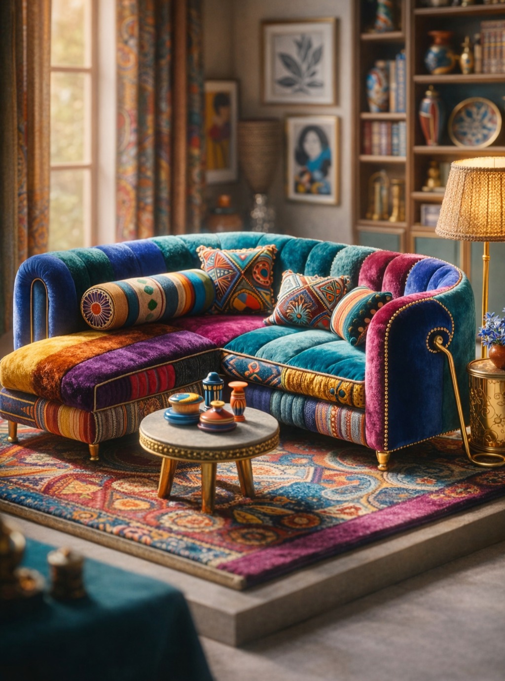 Color, curves, velvet, and just enough tiny drama to keep the whole room gossiping. I just shared a new blog post featuring this Iris Apfel-inspired miniature maximalist sofa, plus a sofa-focused build guide packed with tips for frame building, stuffing, fabric scale, cushions, and that fabulous gold leg detail. Read the full post at the link in bio. #smallworldminiatures #miniatureart #dollhouseminiatures #maximalism #miniaturefurniture