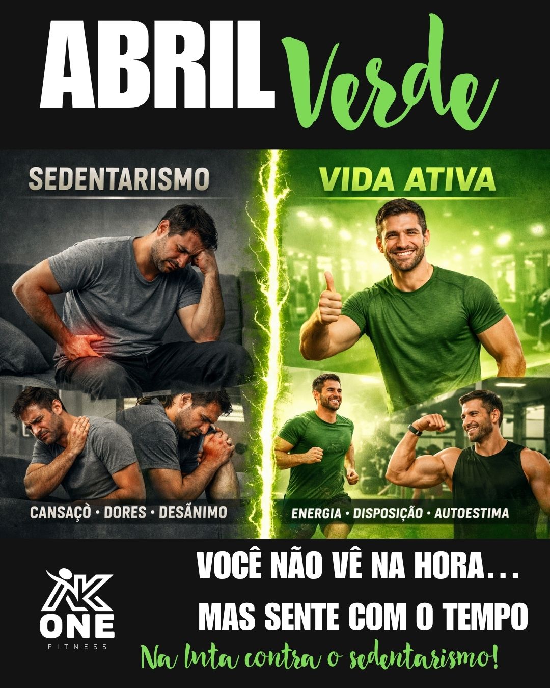 🌿 ABRIL VERDE – COMBATE AO SEDENTARISMO
O sedentarismo não chega de uma vez…
ele vai tirando aos poucos:
sua energia, sua disposição… sua vontade.
Hoje é só um cansaço.
Amanh
