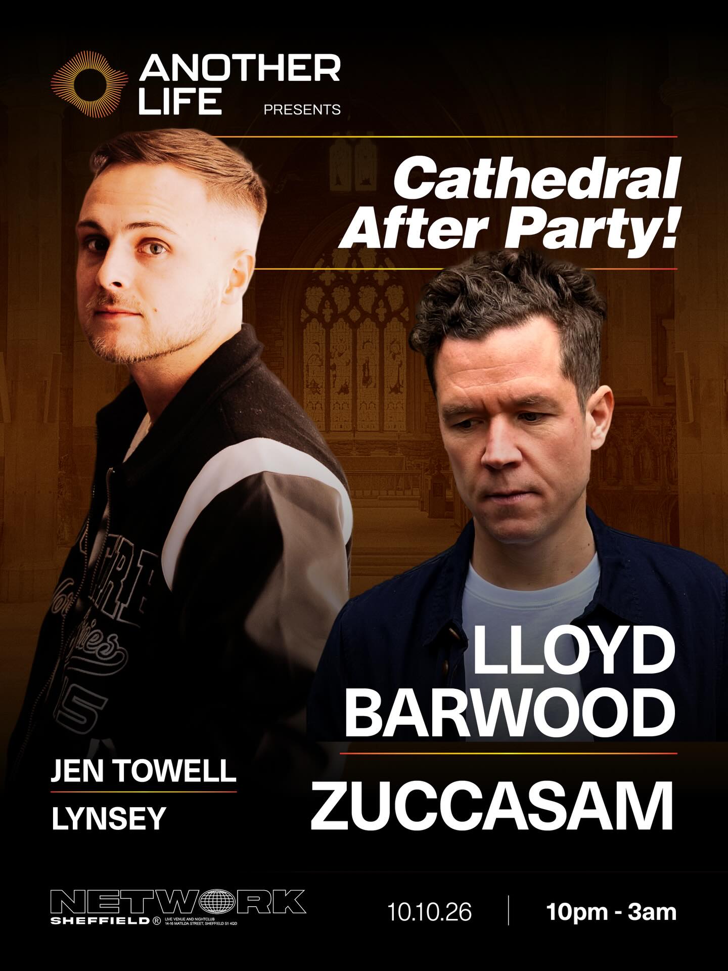 Another Life – Cathedral After Party
Let’s be honest…
who’s going home when Sasha finishes at 10pm?
Not us.
WE CONTINUE.
Darker. Deeper. Later.
This is where it really starts.
200 people only
Proper heads-down energy.
Lineup
Lloyd Barwood
Zucassam
Jenny Towell
Lynsey
If you’re at the main event… this isn’t optional.
Tickets
Tues 7th April – 10am (Sasha ticket holders)
Second release – Sun 12th