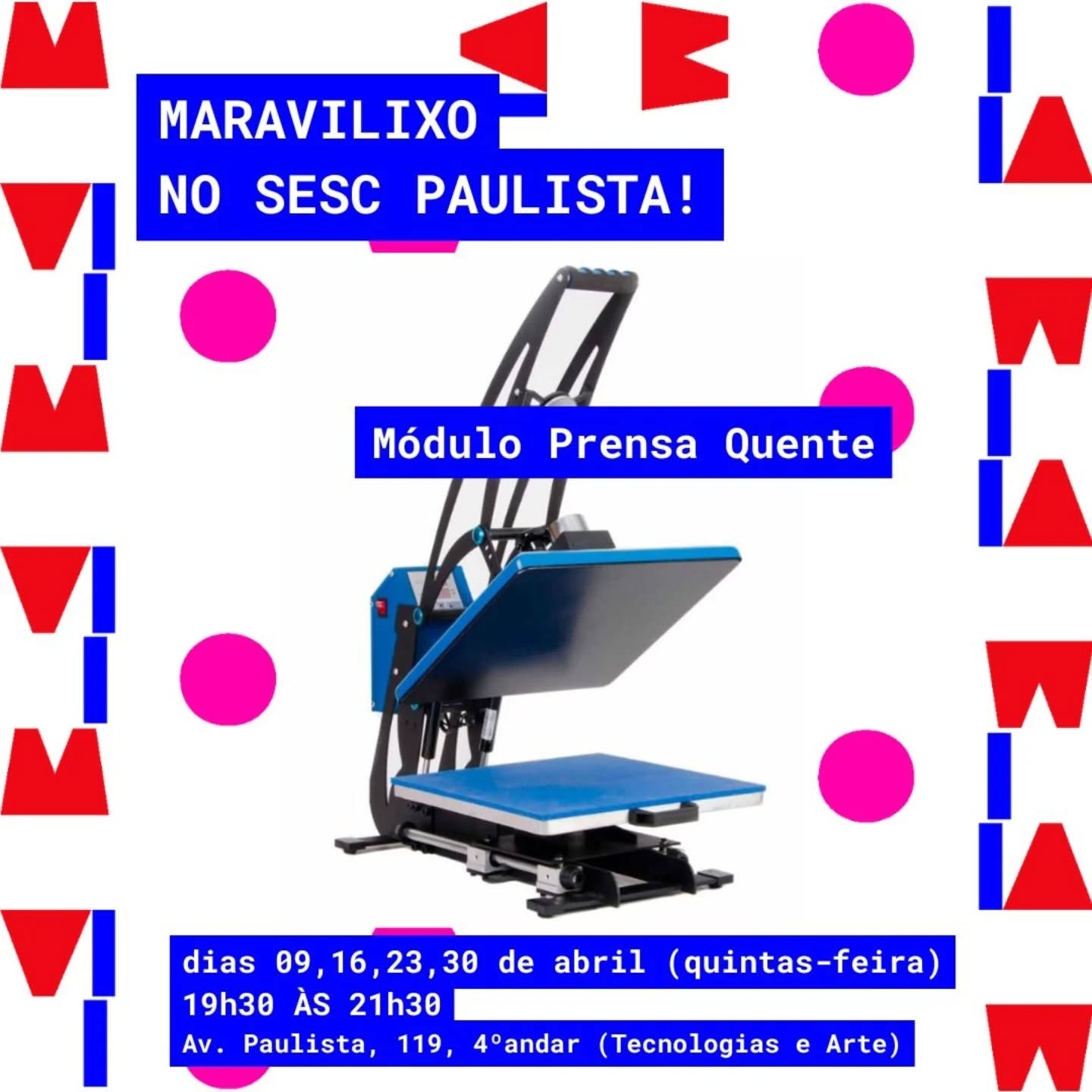 ATIVIDADE ABERTA E GRATUITA:
♻️ PROJETOS ABERTOS DE RECICLAGEM DE PLÁSTICO: Construção de Prensa Quente ♻️
Seguindo neste primeiro semestre de 2026 com a parceria maravilhosa do @sescavpaulista!
A partir desta quinta-feira, dia 09 de Abril, a #maravilixo estará novamente com o educador Daniel Seda em mais uma construção de maquinário do projeto #preciousplastic: a prensa quente (ou térmica)!
Para quem ainda não conhece, o Precious Plastic é um projeto internacional que disponibiliza tecnologias de reciclagem de plástico em código aberto, para que qualquer pessoa que tenha os conhecimentos técnicos necessários possa adquirir os materiais e construí-las!
O maquinário deste segundo módulo de 4 semanas é uma prensa quente (térmica) e sua construção terá início hoje, dia 09/04, e será finalizada ao longo dos outros encontros semanais do mês de Abril, toda quinta-feira!
Venham colocar a mão na massa mais uma vez conosco e construir essa prensa quente que irá ser responsável por criar placas belíssimas como essas do carrossel!
Além desta nova construção, o público seguirá suas experimentações com a reciclagem de resíduos do PLA (plástico mais usado nas impressões 3D) na injetora novinha em folha, recém-construída ao longo do mês de Março, no primeiro módulo deste projeto!
Essa nova prensa quente fará parte do conjunto de máquinas que permitirá o fechamento do ciclo do PLA e a continuidade deste ciclo na unidade do Sesc Av Paulista!
Datas, horário e local:
- 09, 16, 23 e 30 de Abril (quintas-feiras)
- das 19h30 às 21h30
- Local: Av Paulista, 114 - 4º andar (Tecnologias e Artes)
Vagas limitadas com retirada de ingresso 30 minutos antes, no local.
Esperamos vocês para essa atividade com muita colaboração, aprendizados e conscientização!
#educacaoambiental #reciclagem