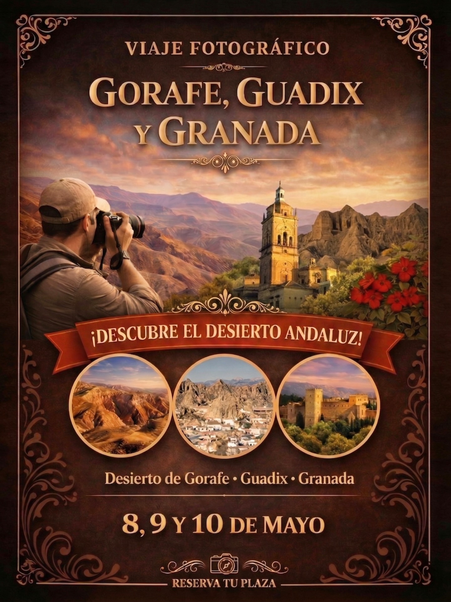 ¡VIAJE FOTOGRÁFICO AL DESIERTO DE GRANADA!
Nos vamos a explorar algunos de los lugares más sorprendentes de Andalucía: el desierto de Gorafe, Guadix y Granada.
📅 8, 9 y 10 de mayo
🚌 Salida desde Madrid
Tres días de fotografía, aventura y convivencia donde trabajaremos:
✨ Paisajes en localizaciones únicas
✨ Retrato con modelos en diferentes entornos
✨ Atardeceres en el desierto
✨ Ruta en 4x4 + astrofotografía
✨ Embalse del Negratín
✨ Día final en Granada
💰 Precio: 195€
Incluye transporte en bus (ida y vuelta desde Madrid) + ruta en 4x4 por el desierto + modelos + organización + docencia y profesor
❗Alojamiento y comidas no incluidos
⚠️ Plazas limitadas
👉 Escríbeme por privado si quieres venir