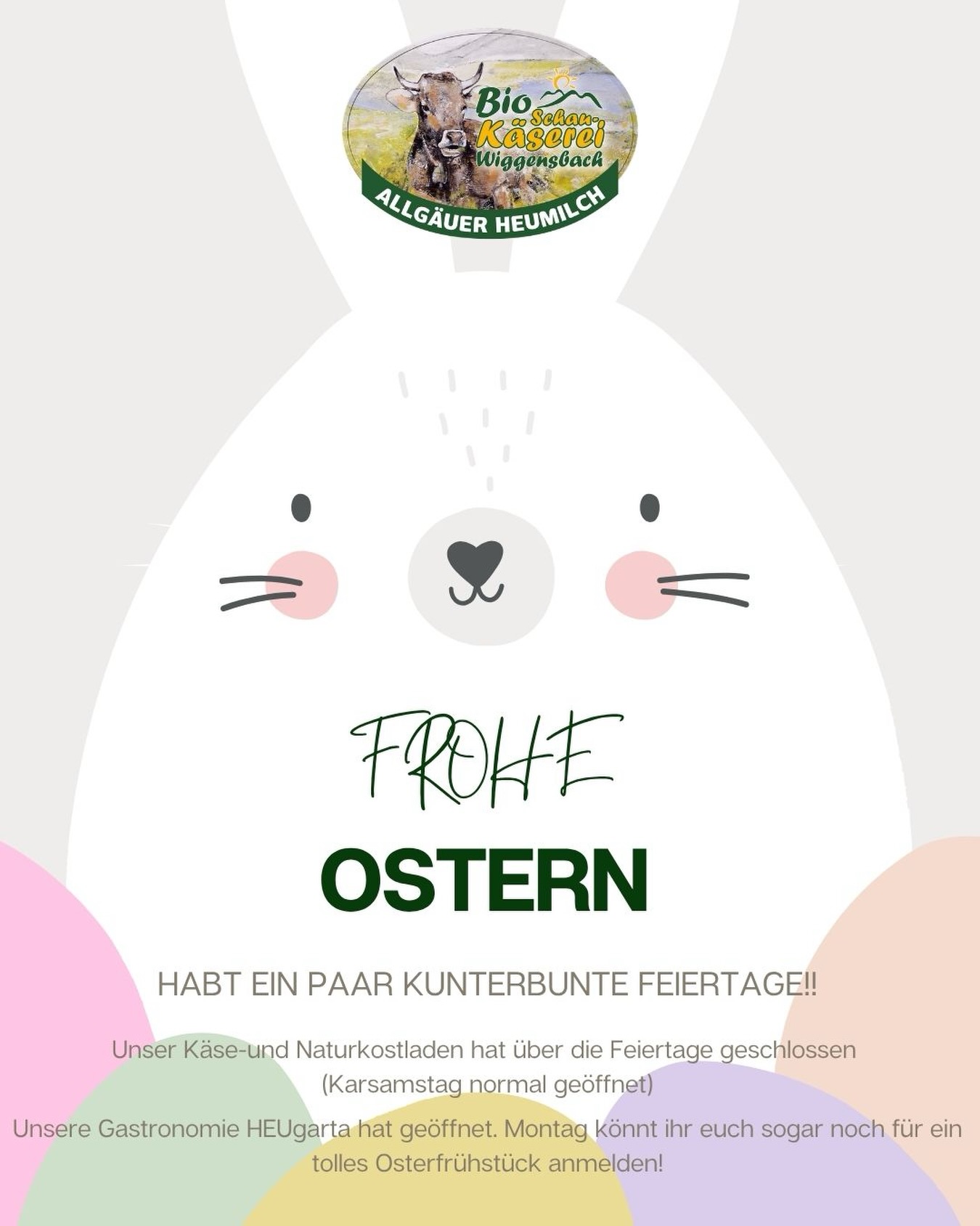 Frohe Ostern wünschen wir euch! 🪺 🐰 Habt ein paar erholsame Feiertage zusammen mit euren Liebsten. Schaut doch noch bei uns vorbei und kauft für ein leckeres Osterfrühstück ein🧀. Unsere Frühlingsgefühle sind wieder da und leckerer Bärlauchfrischkäse. Ansonsten könnt ihr auch ins HEUgarta zum Frühstück kommen. Am Montag gibt es sogar noch Tickets für unser Osterfrühstück. 💐 #ostern #frühling #frühstück #bio #bioheumilch