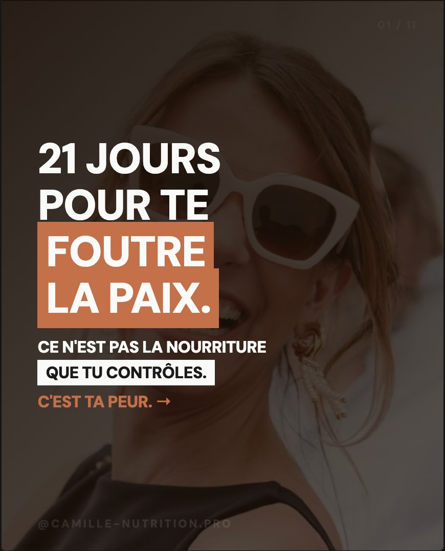 Ce n’est pas la nourriture que tu contrôles. C’est ta peur.
La peur du regard. La peur de ne pas être assez bien.
Ce contrôle permanent qui épuise, qui déclenche du cortisol, qui fait stocker. Et qui t’empêche de vivre.
J’ai créé ce challenge pour toi. 21 jours. 1 défi par jour. 2 minutes maximum.
Semaine 1 tu apprends à te regarder.
Semaine 2 à t’écouter.
Semaine 3 à te respecter.
Sauvegarde ce carrousel.
Commence demain matin par le Jour 1.
Et partage ta progression en story en me taguant @camille-nutrition.pro
👇 Tu commences quand ?
#challenge21jours #lacherprise #camilleperriez #cortisol #nutritionintuitive amourpropre bienetre corpspositif