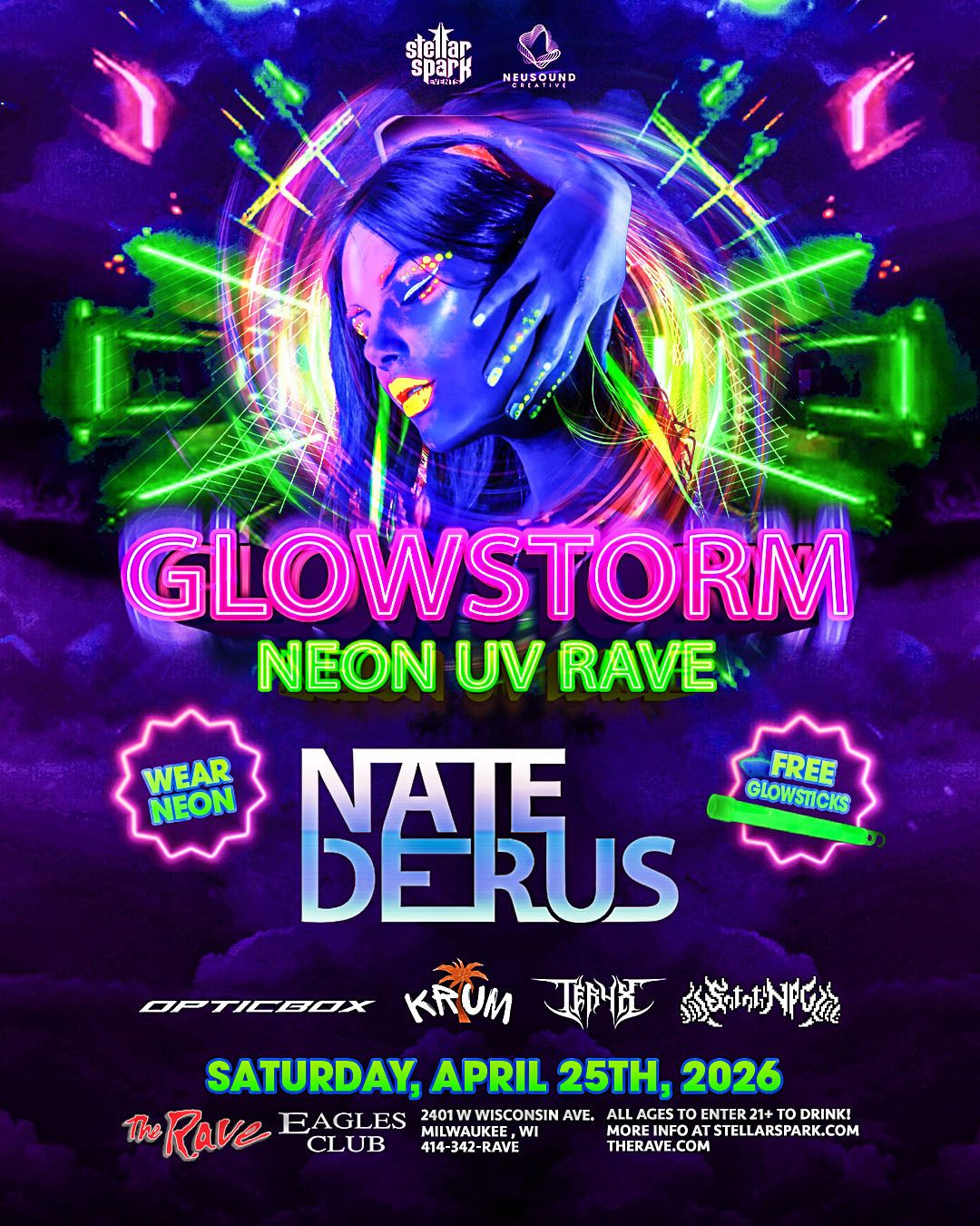 ⚡️THE FULL LINEUP IS HERE!!! ⚡️
Get ready, Milwaukee — Glowstorm: Neon UV Rave is about to light up @TheRaveusa on Saturday, April 25!
🎧 Beats by @Nate_Derus, @DJ_JKRUM, @0PTICBOX, @TERYX_official, and @SNTNT_NPC — a stacked lineup of local fire bringing straight energy all night long.
Support your favorite DJs and lock in your spot under the neon now! ✨
Don’t sleep on this one — it’s gonna GLOW. 💥