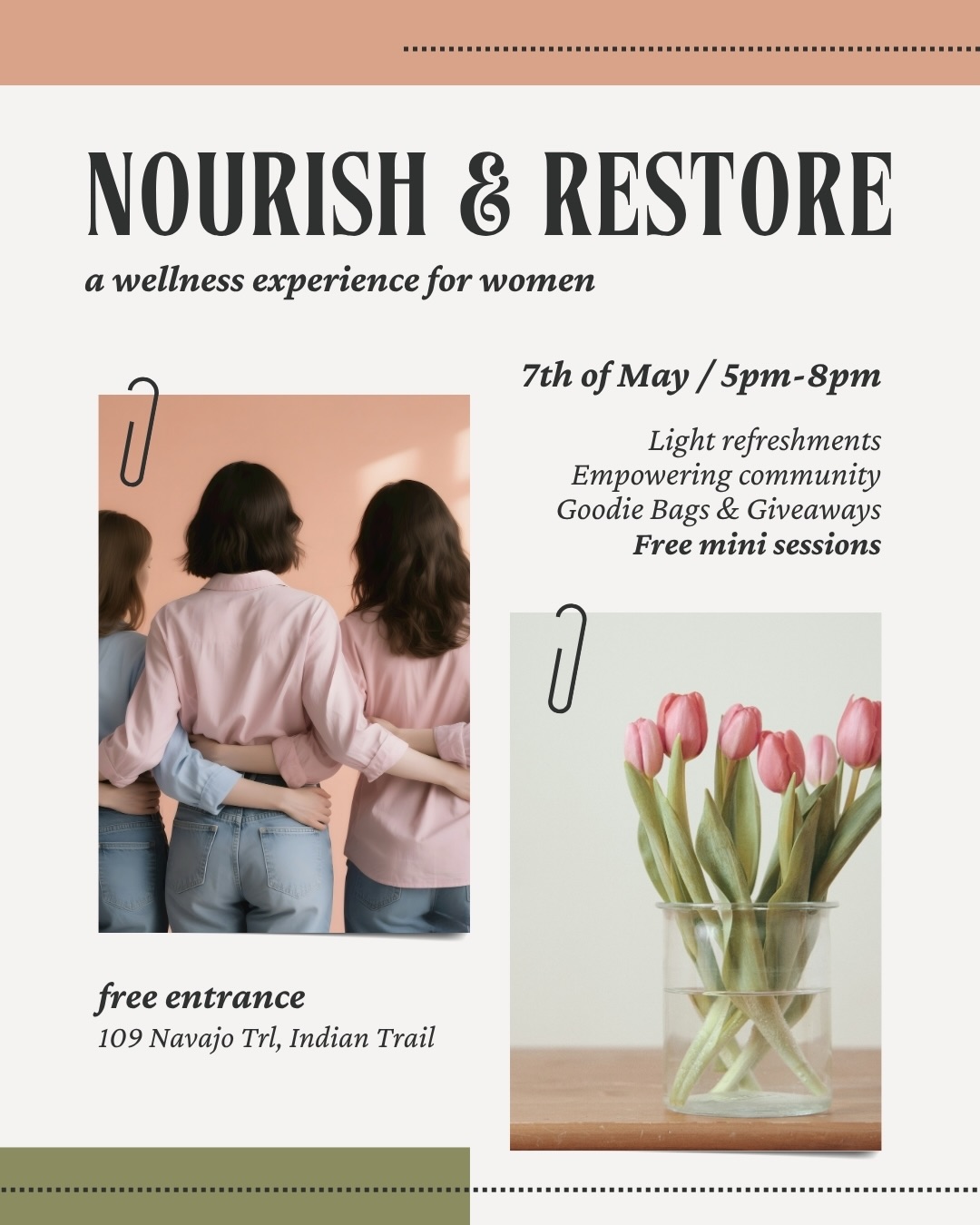 ✨ You’re Invited: Nourish & Restore -
A Pre-Mother’s Day Wellness Gathering ✨
Ladies… when was the last time you truly paused… just for you?🌷
Before the busyness of Mother’s Day weekend, we’re creating a space for you to slow down, recharge, and reconnect-with yourself and with other incredible women in our community.
🌿 Join us for a beautiful in-person experience where you’ll enjoy:
• An uplifting wellness talk
• Gentle, restorative activities
• Complimentary mini-sessions
• Meaningful connection with like-minded women
This is your invitation to step away from the noise and give your body (and mind) the care it deserves 💫
You’ll also have the opportunity to experience different healing modalities from an amazing group of practitioners:
✨ Me – Gut health & whole-food nutrition
✨ Dr. Kayla – Chiropractic care
✨ Jackie – Non-invasive wellness treatments
✨ Kali – Myofascial release therapy
Whether you’re feeling tired, overwhelmed, or simply craving time for yourself… this evening is for you.
🗓 May 7th
📍 In-person event
🎟 Spots are limited
Registration required. DM me for link.
Bring a friend, your sister, your mom… or come solo and leave with new connections 💛
