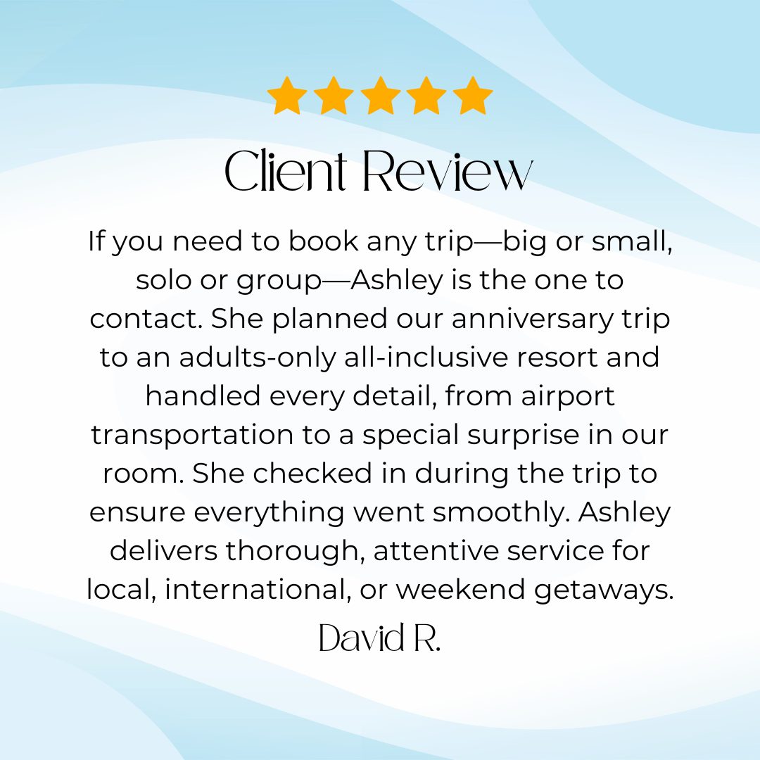 Celebrating Love with Perfectly Planned Getaways! 💍✈️✨
Planning an anniversary escape should be exhilarating, not stressful. David R. put his trust in Aspiring Vacations for a luxurious adults-only, all-inclusive retreat, and I meticulously managed every aspect — from airport transfers to personalized in-room amenities — while ensuring a flawless and enjoyable journey.
Whether it's a quick weekend retreat, an international adventure, or a significant milestone celebration, I handle the logistics so you can cherish the moments that matter most.
Are you ready to plan your next unforgettable trip? 🌍
📩 Request a quote today at: www.aspiringvacations.com/contact
📲 Like, follow, & share to stay updated on travel deals and inspiration. If you're not booking yet, someone you know might be!
🔹 Facebook & LinkedIn: Aspiring Vacations
🔹 Instagram: @aspiring_vacations
🌍 Where To Next? ✈️
#TravelWithAspiringVacations #AspiringVacations #TravelPlanning #AdultsOnlyTravel #AnniversaryTrip #AllInclusiveTravel #TravelAdvisor #WhereToNext #TravelWithAspiringVacations #AspiringVacations #TravelAdvisor #WhereToNext