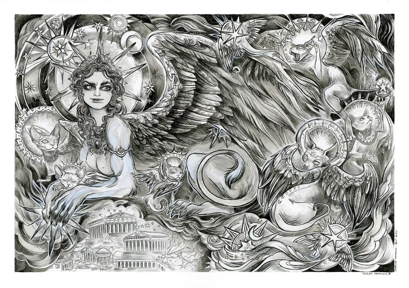 ~*✨️ The Sphinge Constellation / La Constellation des Sphinges ✨️ *~
-
🇬🇧 It is often said that we look to the stars for omens, and some people see in celestial the signs of the presence of the gods and goddesses who scatter here and there clues to the trials to come, or the beginnings of answers to questions as existential as the sustenance of Empires - or the eternal and cruel "Will he/she/them call me back? Do I have to wait 3 days?"
But few people are aware that the Sphinge constellation is as playful with destiny as cats are with pieces of poem rolled into paper balls after numerous feverish rhyming failures.
-
🇫🇷 Il est souvent dit que l'on regarde les présages dans les astres, certaines personnes décèlent dans les étoiles des signes de la présence des dieux et des déesses qui parsèment deci-delà quelques indices sur les épreuves à venir, ou bien des balbutiement de réponses à des questions aussi existentielles que la subsistance des Empires - ou bien l'éternel et cruel "Va-t-il/elle/iel me rappeler ? Dois-je attendre 3 jours?"
Mais peu de monde à conscience que la constellation des Sphinx est aussi joueuse avec la destinée que des chats avec des morceaux de poèmes roulés en boule de papier après de nombreux échecs de rimes fébriles.
-
🌟A3 (29,7x42 cm) with white borders/avec marges blanches
Medium/Support: pen and ink on paper / Feutre et encre sur papier
-
🌟 The auction "Constellations & Mythological Creatures" of the @stardustartists collective is now open on Facebook !/L'enchère " Constellation & Créatures Mythologiques" du collectif @stardustartists est en cours sur Facebook ! 🌟https://www.facebook.com/StarDustArtCollective (or in my linktree)
-
🏷️ #traditionalillustration #monochromatic #fantasy #mythologic #constellation #sphinge #cat #sphinge #fantasyartist #spirit #witch #witchyvibes #illustration #contemporarydrawing #illustrationdrawing #art #artwork #frenchartist #artistefrançaise #womenartists