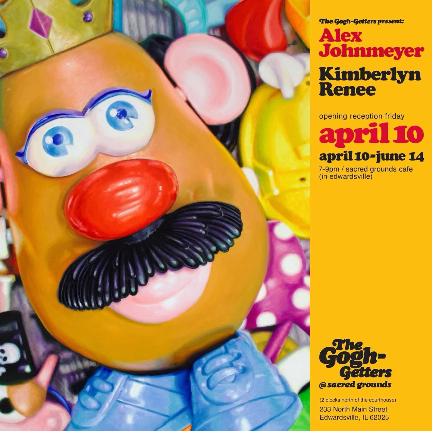 Alex Johnmeyer and Kimberlyn Renee are the next featured artists with The Gogh Getters! Their nostalgia inspired body of work features vibrant realism paintings in acrylic, watercolor, and oil. Please join us for the opening reception on April 10th from 7–9 PM at Sacred Grounds Cafe, located at 233 North Main Street, Edwardsville, IL 62025. The event is free, open to all ages, and the exhibition will remain on view through June 14th.
Hope you can join us! @thegoghgetters #sacredgroundscoffeeshop #edwardsvilleil @kreneeart