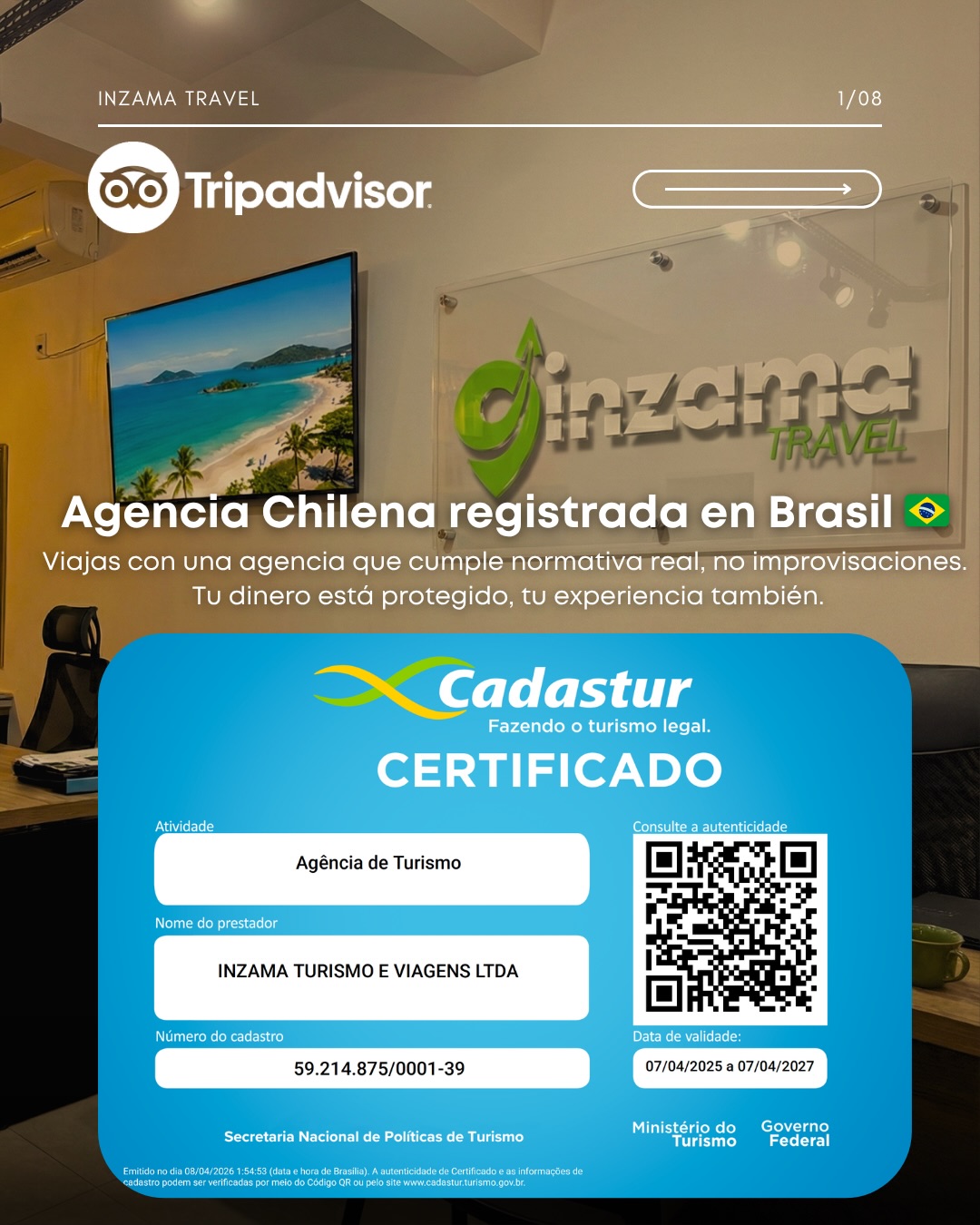 Viajar seguro no es un lujo, es una decisión inteligente.
En un mercado donde abundan ofertas informales, elegir una agencia certificada marca la diferencia entre una experiencia inolvidable… o un problema.En Inzama Travel somos una agencia chilena registrada en Brasil, con respaldo legal, operación real y presencia comprobable. No somos un contacto, somos una empresa validada que trabaja con estándares profesionales en cada destino.Contamos con registro en Cadastur, presencia en Google Maps Empresa, TripAdvisor y operación formal en Chile y Brasil, lo que garantiza transparencia, trazabilidad y seguridad en cada reserva.Sabemos que muchos viajeros buscan precios bajos, pero en turismo lo barato muchas veces termina en malas experiencias:
pagos sin respaldo, cambios de último minuto, servicios no cumplidos o falta de respuesta.Por eso en Inzama Travel hacemos las cosas distinto:
✔️ Pagos seguros (Pix, tarjeta, CLP, transferencias internacionales)
✔️ Voucher formal y confirmación real
✔️ Atención personalizada en español y portugués
✔️ Operadores turísticos autorizados
✔️ Acompañamiento antes, durante y después del viajeNo vendemos tours… diseñamos experiencias con respaldo.🌎 Operamos en:
Florianópolis, Balneário Camboriú, São Paulo, Chile y destinos como San Pedro de Atacama y Salar de Uyuni.💍 Especialistas en:
Viajes personalizados, luna de miel, giras de estudio, viajes familiares, paseos privados y experiencias a medida.Miles de viajeros ya confiaron en nosotros porque priorizan seguridad, organización y calidad.Hoy la diferencia no es el precio… es la confianza.👉 Si estás planificando tu viaje, hazlo bien desde el inicio.
Haz clic en el link de la biografía o visita nuestras páginas web y recibe asesoría personalizada.Bienvenido a Inzama Travel.
Viaja con respaldo, viaja tranquilo.#InzamaTravel #AgenciaDeViajes #Florianopolis #Brasil #viajesseguros