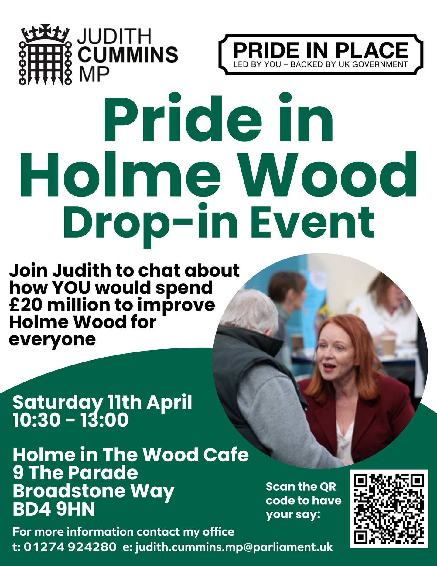 Do you live in Holme Wood?
I want to hear from YOU about how you would spend £20m to improve Holme Wood for everyone.
Join me this Saturday from 10:30am - 1:30pm for a cuppa and a chat at the wonderful Holme in the Wood on the Parade - and have your say!