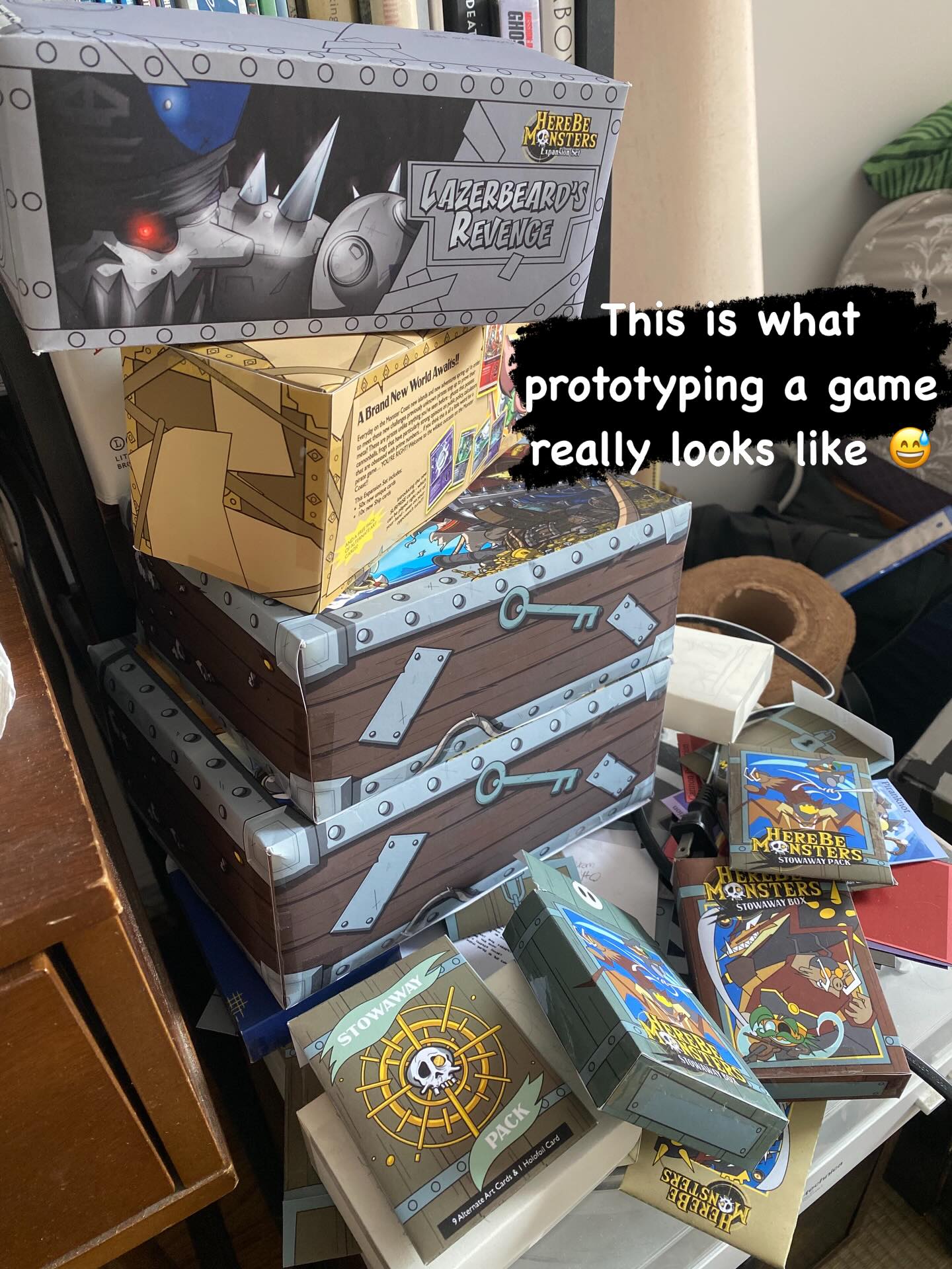 I’m really running out of space for test boxes!!! And this even all of them!! Every time I make changes to the box design I get a test print done at FedEx so that I can experience what it feels like in your hands. Lots of tests, but we’re going to have the perfect boxes for you when we’re done!!! #pirate #indiecardgame #hbm #herebemonsters