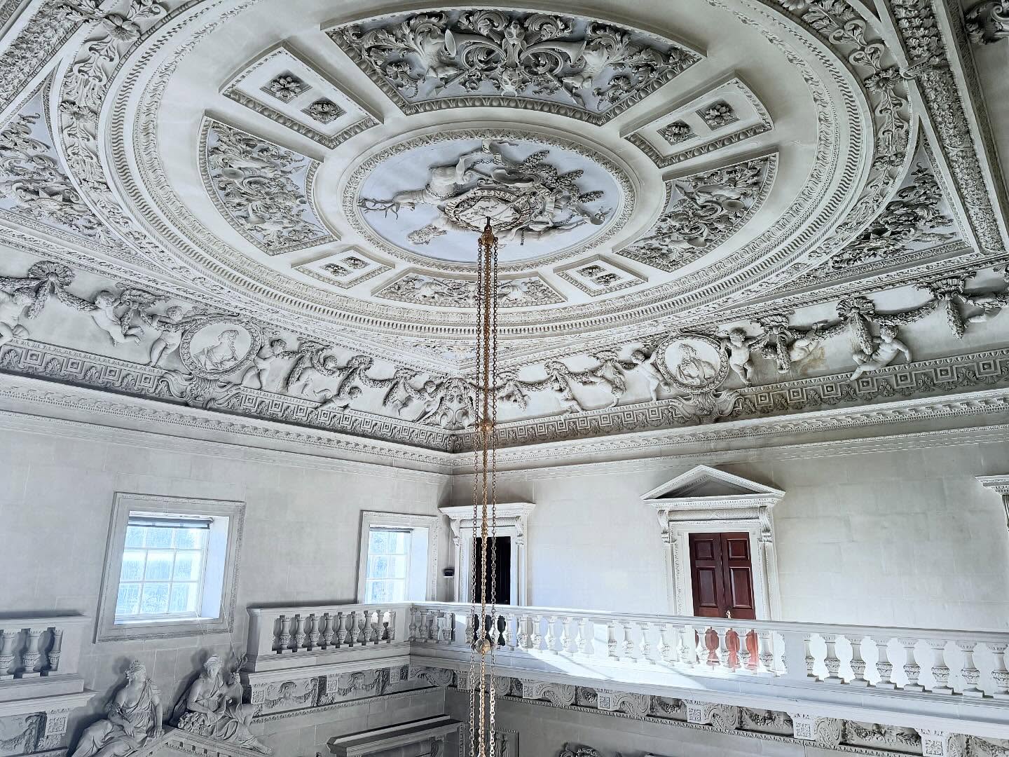 Today’s morning light illuminating the beautiful Stone Hall ceiling, designed by William Kent and executed by G Artari. In the centre it shows Sir Robert’s Garter Star, which he was awarded in 1726, and family crest. I love the smell of this room… it must be the combination of stone and plaster as it reminds me of entering a church in Italy.