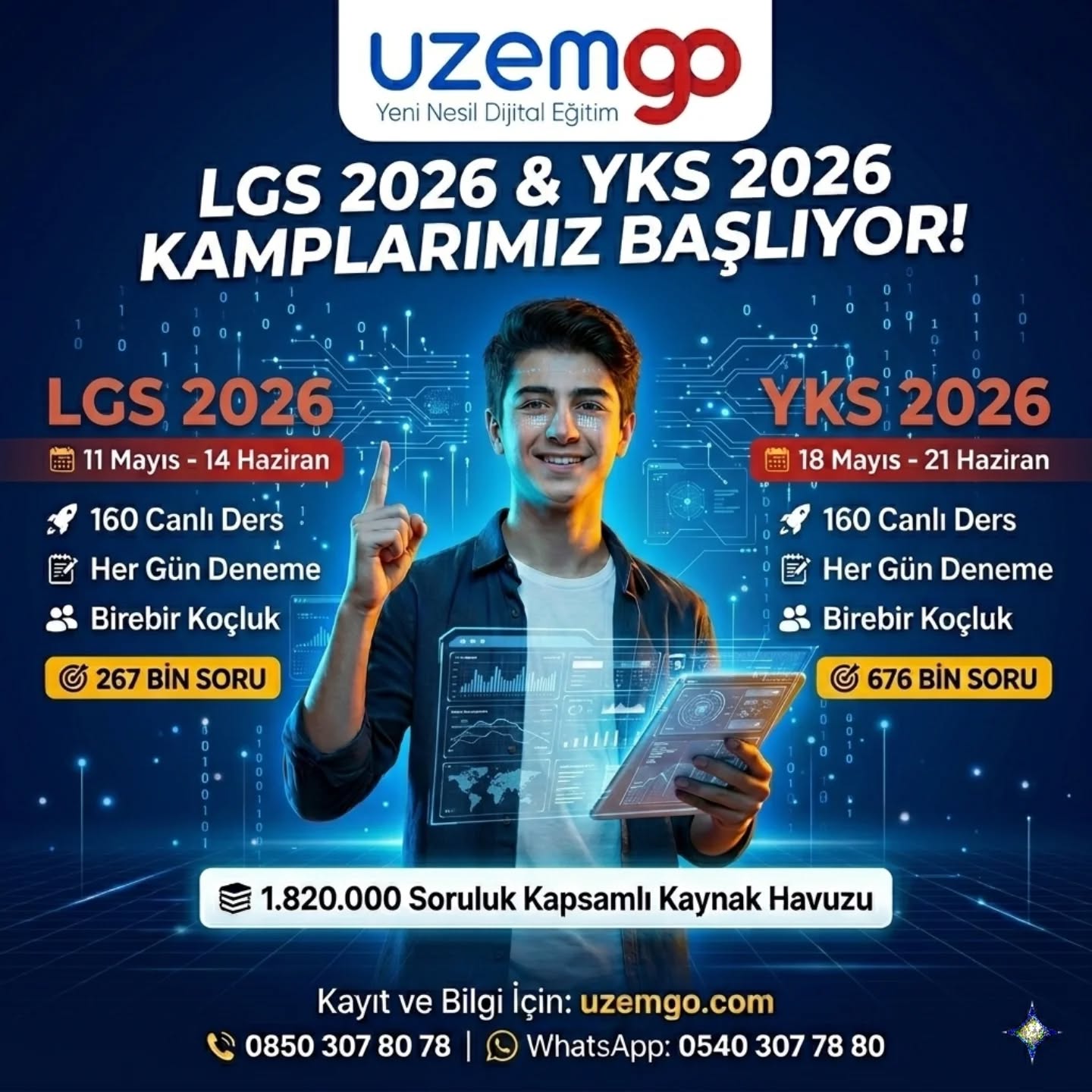 LGS 2026 ve YKS 2026 için hazırladığımız Online Son Tekrar Kamplarımız başlıyor. 🚀
Sınav öncesi son dönemi planlı, yoğun ve verimli geçirmek isteyen öğrenciler için güçlü bir tekrar programı hazırladık.
Program içeriği:
• 160 canlı ders
• Her gün deneme
• Birebir koçluk desteği
• Kapsamlı soru havuzu
• Hedef odaklı son tekrar süreci
LGS 2026 Kampı: 11 Mayıs – 14 Haziran
YKS 2026 Kampı: 18 Mayıs – 21 Haziran
Eksiklerini kapatmak, düzenli tekrar yapmak ve sınava daha güçlü hazırlanmak için sen de yerini ayırt.
Kayıt ve bilgi için:
uzemgo.com
0850 307 80 78
WhatsApp: 0540 307 78 80
Son düzlüğe güçlü gir, yerini şimdi ayırt.
#UzemGO #LGS2026 #YKS2026 #SonTekrarKampı #LGSHazırlık YKSHazırlık OnlineEğitim CanlıDers BirebirKoçluk DenemeSınavı SınavaHazırlık YeniNesilDijitalEğitim EğitimTeknolojileri BaşarıyaHazırlan OnlineDershane