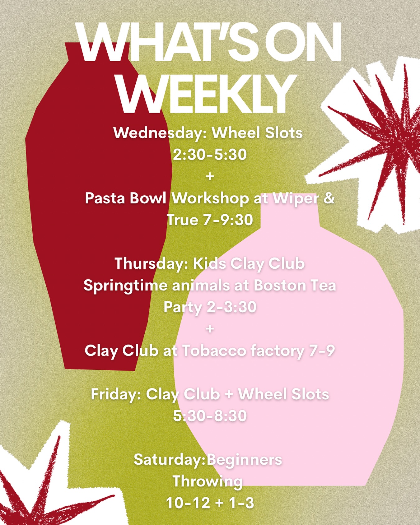 ✨we hope you’ve all had a gorgeous bank holiday!✨
✨this week we have pop up workshops are both @wiperandtruebarrelstore and also @tobacco_factory with some spaces available so grab your pal and come make a pasta bowl!✨
✨we also have a couple spaces available for our Saturday throwing sessions here at the @windmill_hill_city_farm✨