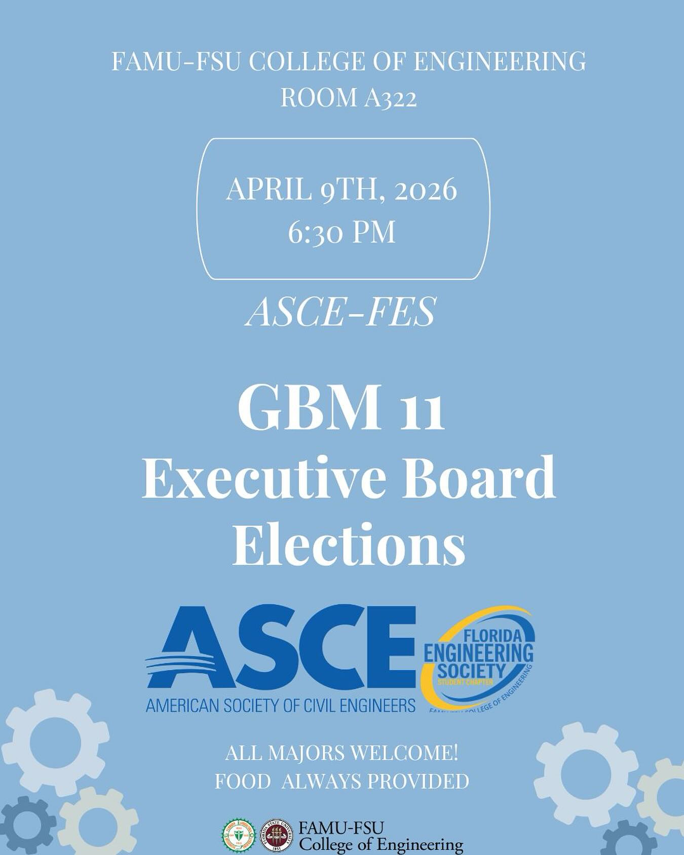 JOIN US this THURSDAY, APRIL 9th at 6:30 pm for our LAST GBM OF THE SPRING SEMESTER!!
We will be hearing campaigns and voting on our Executive Board for the 2026-2027 school year! All members who are present at the GBM will be able to vote and actively participate in the future of ASCE-FES!
Come out and let your voice be heard by voting for the new
E-Board!⭐️⭐️⭐️