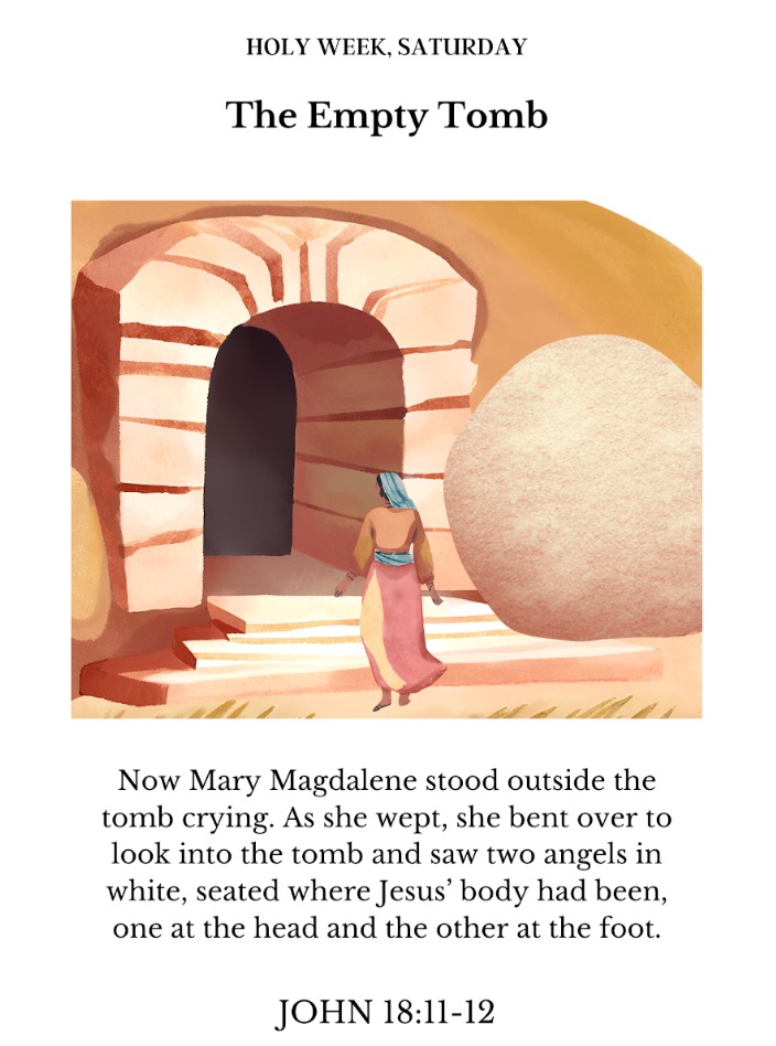 Now Mary Magdalene stood outside the tomb crying. As she wept, she bent over to look into the tomb and saw two angels in white, seated where Jesus' body had been, one at the head and the other at the foot. John 18:11-12