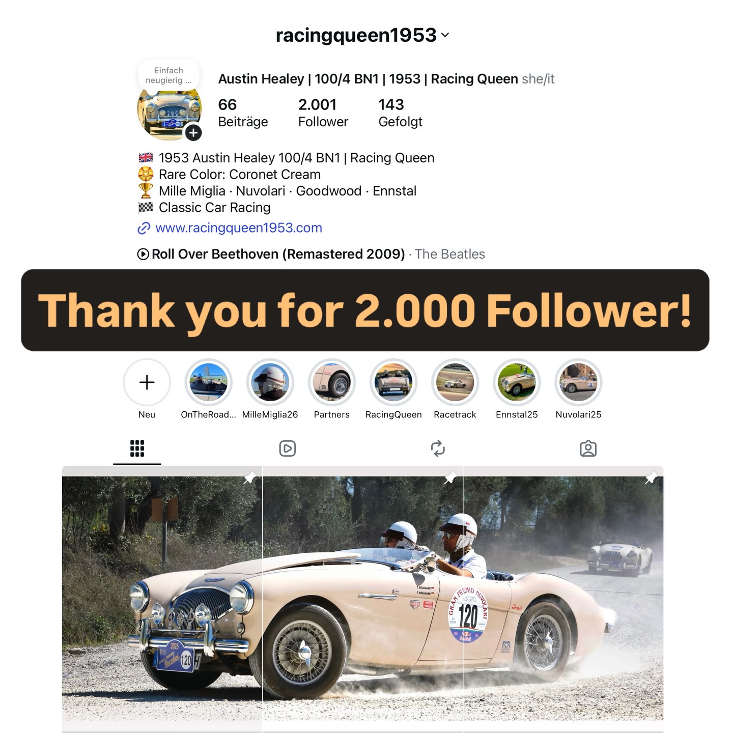 2.000 Follower - I’m honestly speechless. 🏁✨
Looking out over the hood of this coronet cream beauty, I can’t help but feel incredibly grateful. What started as a simple passion for our Austin Healey and her elegance of classic lines with the special color, has grown into such an amazing community.
To every single one of you who has joined me on this journey so far—thank you from the bottom of my heart. There is nothing quite like the feeling of the wind in your hair and a wooden steering wheel in your hands, and sharing that joy with 2,000 fellow enthusiasts makes every mile even more special.
We’ve got so many more horizons to chase and beautiful roads to discover. If you’ve just found your way here and love the timeless Austin Healey and the freedom of the open road, I’d love to have you along for the ride. Hit that follow button and let’s see where the road takes us next! 🛣️💖
#AustinHealey #ClassicCar #AustinHealey100 #Oldtimer #VintageDriver @austin_healey_magazine @a_h_c_g @ahspares @suixtil @vintagedriver_de @hauck.classics @octane_magazin