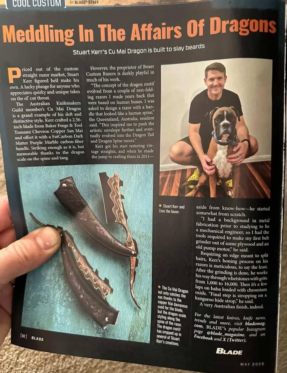 Im feeling incredibly privileged to have been featured in the May issue of @blade_magazine . Zeus was also honoured to have his photo included.
And yes.... those are fluoro yellow Crocs....
#boxercustomrazors #customstraightrazor #straightrazor #razor #shaveoftheday