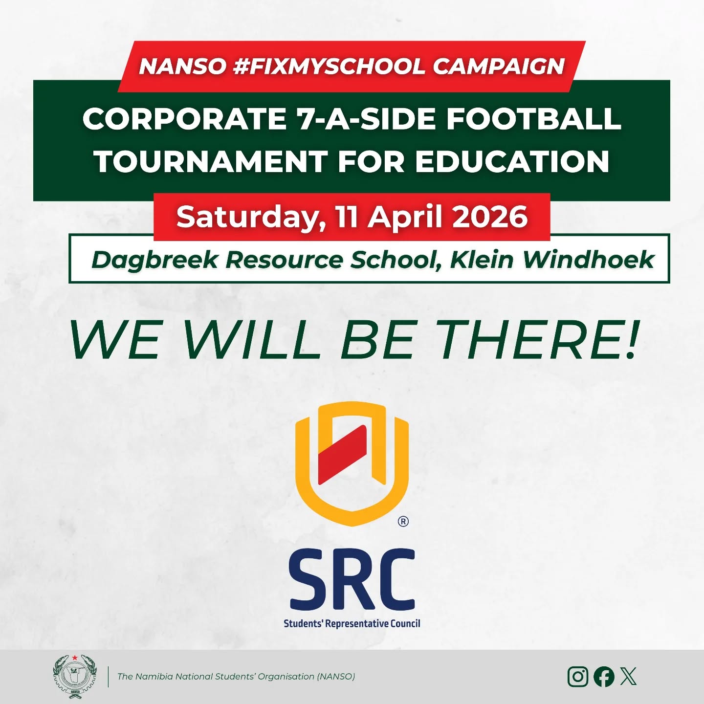 Leading NUSTodians from the football field!βπΎ
We are proud to welcome the NUST SRC as a participating team in the NANSO #FixMySchool 7-A-Side Football Tournament happening this Saturday!π