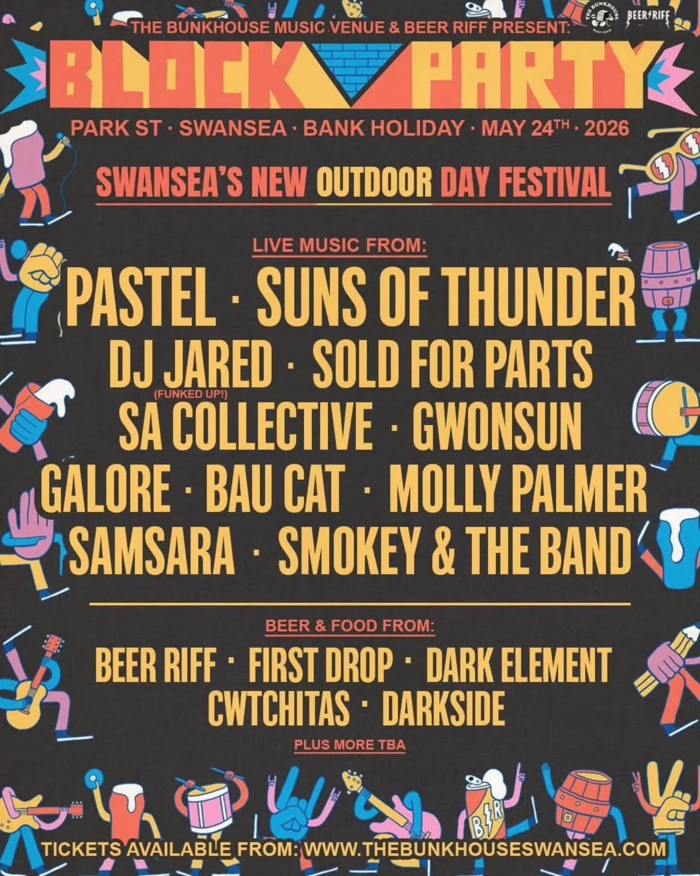 ARTIST SPOTLIGHT ð
The Block Party lineup is stacked! This is just a taste of whatâs coming to our first outdoor shindig on Park Street this May Bank Holiday!
From wall-of-sound indie to heavy riffs, vinyl-only DJs to underground selectors.... weâve pulled together this HUGE independent fully Welsh line-up.
Swipe through and get to know whoâs playing ð
Live music. DJs. Good people. Loud tunes.
Bank Holiday Sunday - 24th May 2026
Park Street, Swansea
Tickets are moving..... donât hang about mun!
Tickets: www.thebunkhouseswansea.com
.
.
.
@pastelbanduk @sunsofthunderband @jared_percival
@soldforpartsband @sa__presents @gwonsun @thegaloresound @bau__cat @palmermolly @seeksamsara @smokey_andtheband @cwtchitas @darksidecafe__