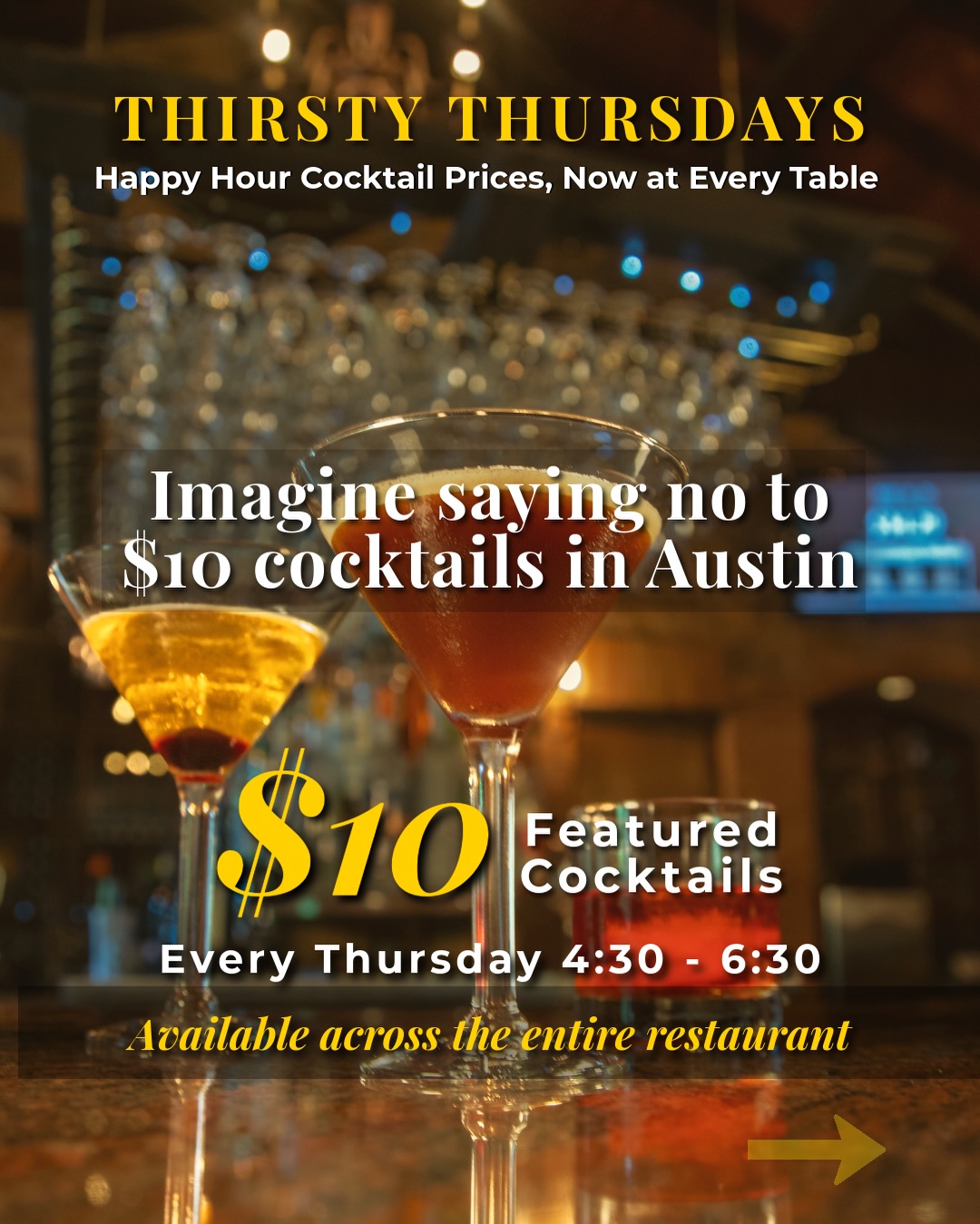 $10 cocktails, available at every table in the restaurant. Every Thursday, 4:30 to 6:30 PM only.
Our full signature cocktail list — the Godfather, Aperol Spritz, Italian Sangria, Gold Rush Manhattan, Negroni Sbagliato, Tuscan Affair, Siena Margarita, and Italian Paloma — all $10, whether you’re at the bar or sitting down for dinner at one of Austin’s longest-running Italian restaurants. Swipe to see every drink on the list.
📍 6203 N Capital of Texas Hwy, Austin, TX 78731
📞 (512) 349-7667
@do512
#ItalianFoodAustin #AustinItalian #SienaAustin #ThirstyThursdays