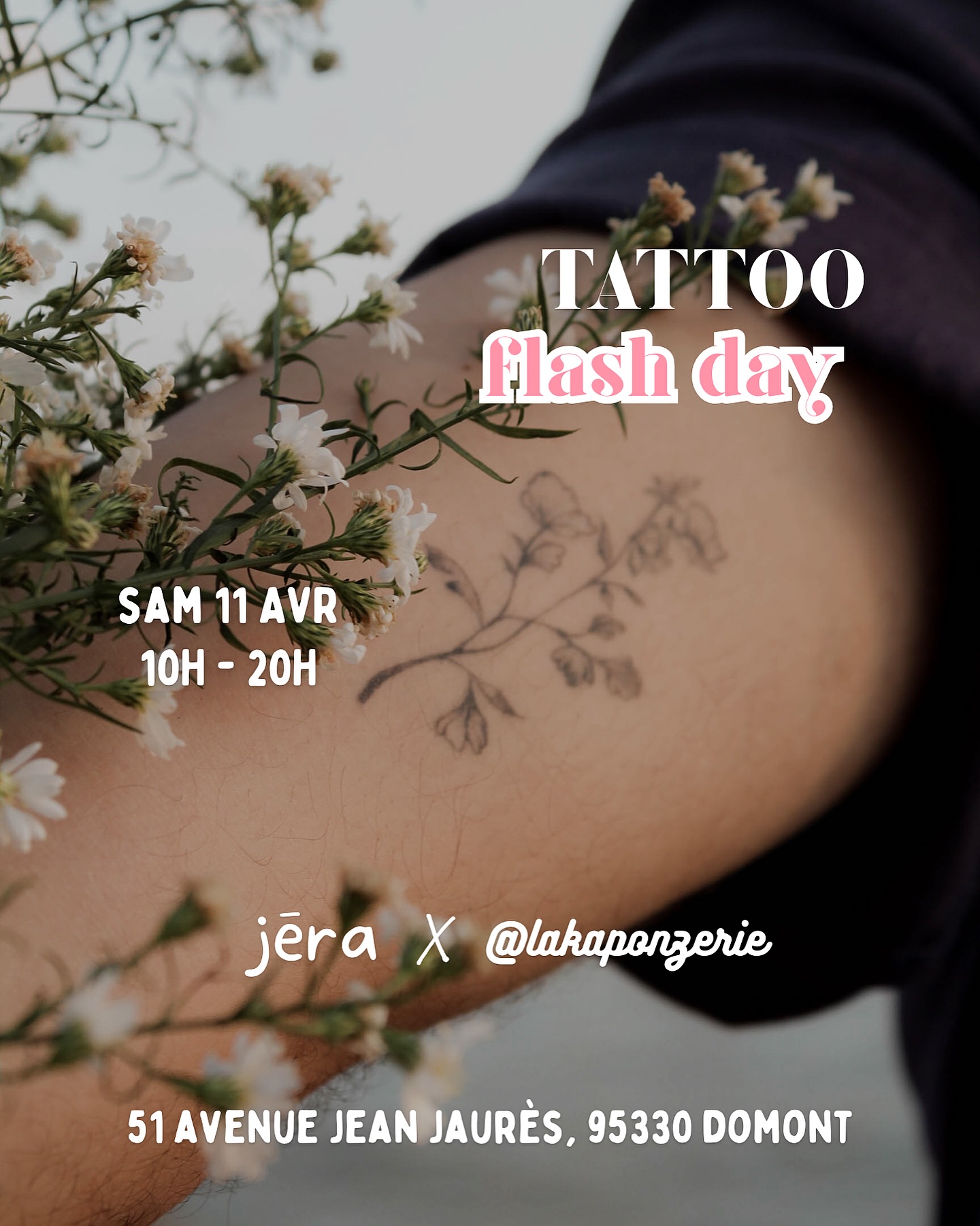 ⚡️ TATTOO FLASH DAY ⚡️
SAVE THE DATE 👉🏼 La cinquième édition du Tattoo Flash Day se déroulera le samedi 11 avril de 10h à 20h chez Jēra🔥
Cette fois encore, nous aurons le plaisir d’accueillir @lakaponzerie qui vous proposera des planches de flashs à prix tout doux 🥰
Comment ça fonctionne ? 👇🏼
🌱 premiers arrivés, premiers servis : pas de rdv (chaque flash ne sera tatoué qu’une seule fois)
🌱 les tatouages seront réalisés uniquement sur les bras et les jambes
🌱 tarifs : entre 60 & 120 euros (paiement en espèces ou par CB)
Boissons et petites douceurs offertes en échange de votre patience 💚
Côté boutique 👉🏼 elle reste évidemment accessible pour vos emplettes habituelles 🌱
1 tattoo = 1 cadeau ✨ Pour chaque tatouage réalisé, bénéficiez de -10% sur vos achats en boutique 😍
Nous avons hâte de passer cette journée avec vous 🫶🏼
📍Jēra, 51 avenue Jean Jaurès, Domont
#boutiquedeplantes #plantslovers #greenlovers #tattooflashday #flashtattoos