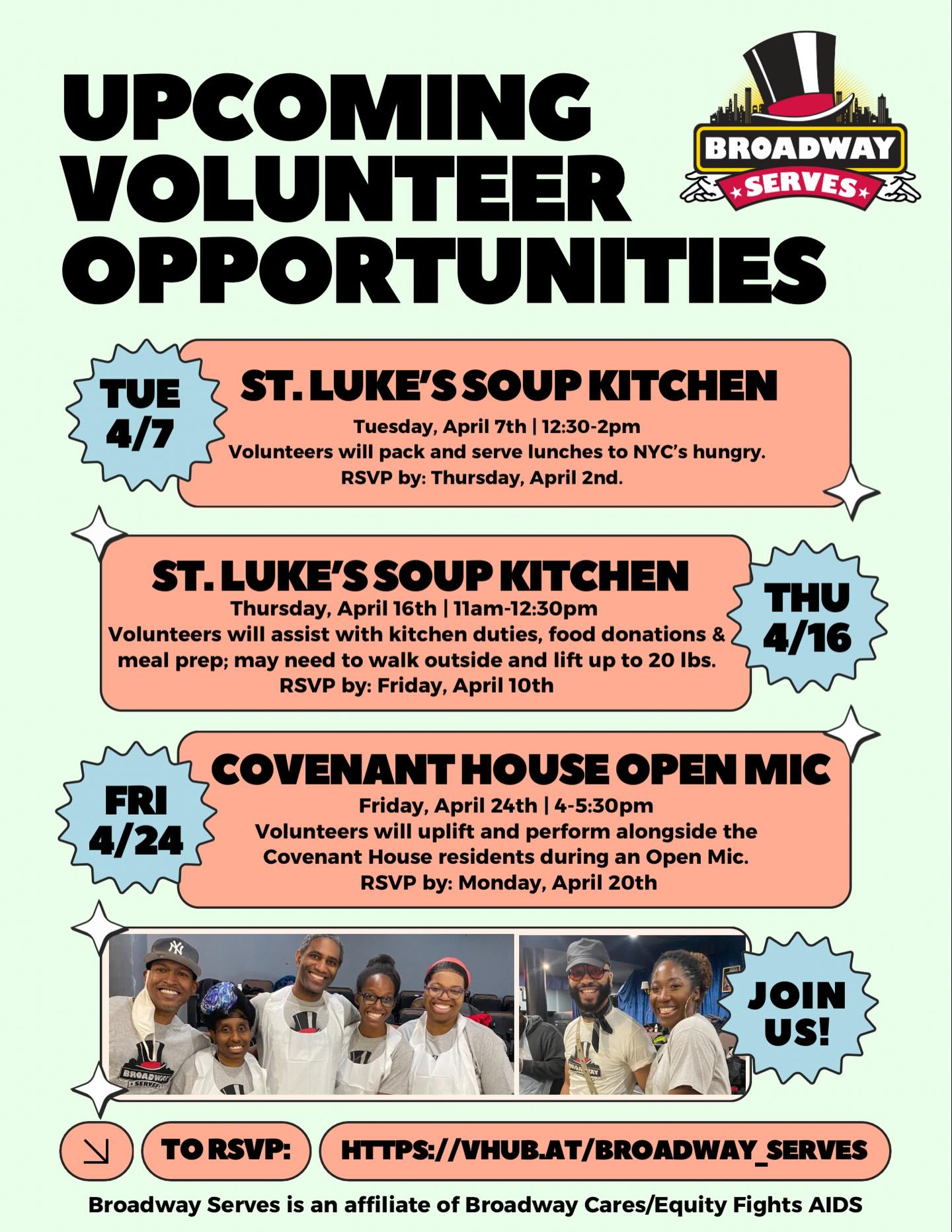 APRIL’S VOLUNTEER OPPORTUNITIES!
🥗 St. Luke’s Soup Kitchen (Meals) on 4/7
👩🏽🍳 St. Luke’s Soup Kitchen (Kitchen Tasks) on 4/16
🎙️ Covenant House Open Mic on 4/24
Click the link in our bio to set up a VolunteerHub account and RSVP! Have questions about service? Email rsvp@broadwayserves.org.