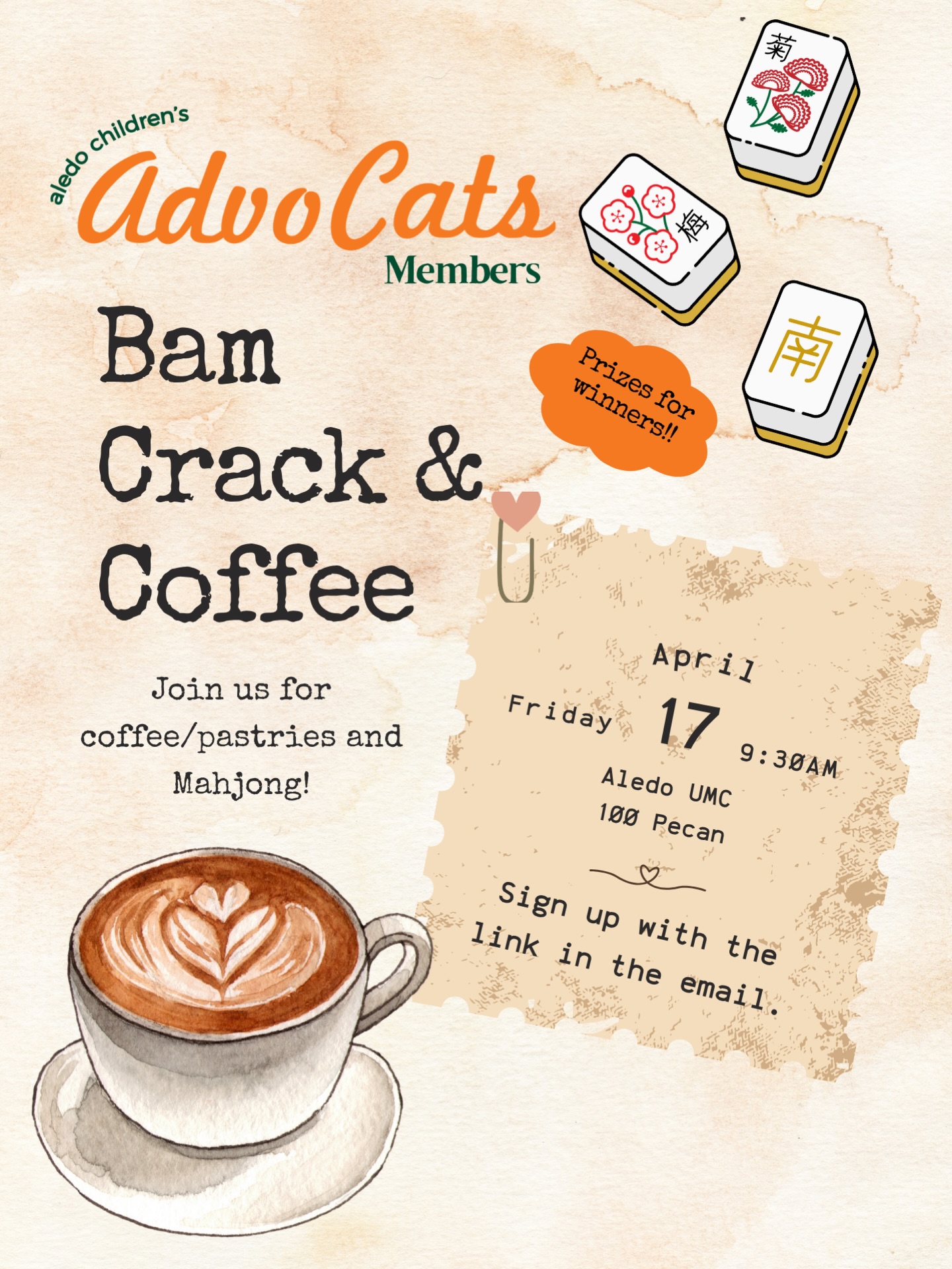 BAM CRACK & COFFEE🧡🀄️☕️
We still have seats available for our AdvoCats Member Mahjong Event!! This event is FREE for our Members.
If you’ve already signed up, we can’t wait to see you! There’s availability for experienced and beginner players.
The beginner spots filled up fast, so we opened up one more table!
When: Friday, April 17th, 9:30am-12pm
Where: Aledo UMC
There will be coffee, pastries and prizes for our Mahjong winners!
Have a friend that would love to come but isn’t a member? No problem, have them join AdvoCats for $35.
Go to aledoadvocats.com to join.
Sign up for mahjong through this link⬇️
https://m.signupgenius.com/#!/showSignUp/20F0B45ADA82EA75-62935024-bamcrack
Hope to see you there!!🧡🖤🀄️